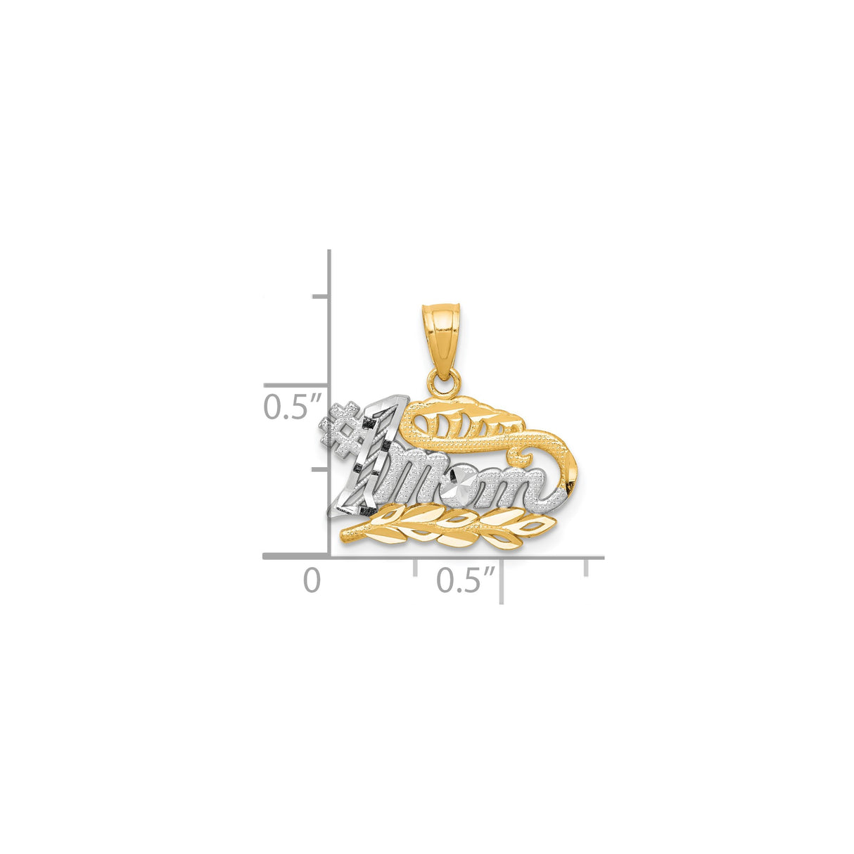 10k Multi-Tone Gold Pendant, #1 Mom Design with Rhodium Accent and Leaf Detail