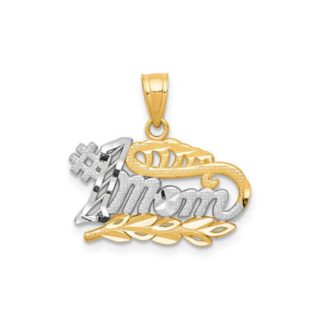 10k Multi-Tone Gold Pendant, #1 Mom Design with Rhodium Accent and Leaf Detail
