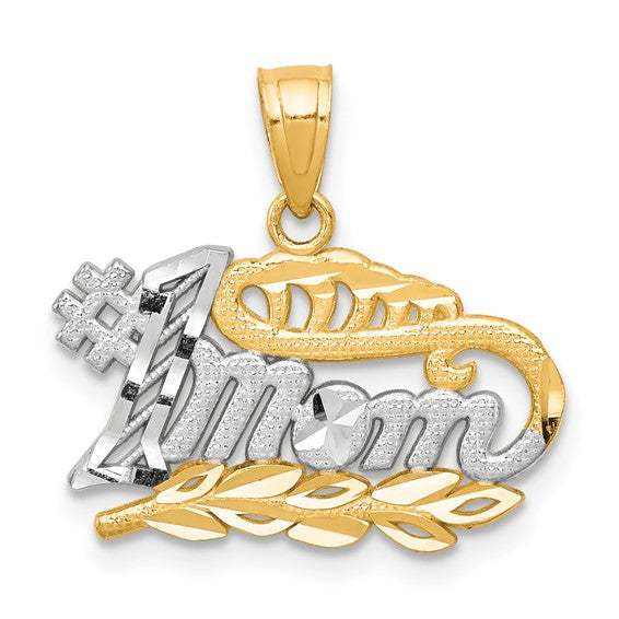 10k Multi-Tone Gold Pendant, #1 Mom Design with Rhodium Accent and Leaf Detail