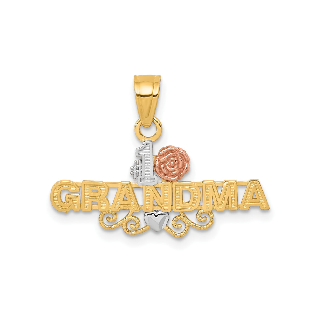 10k Two-Tone Gold Pendant with Heart, Rose, and Number One Grandma Design