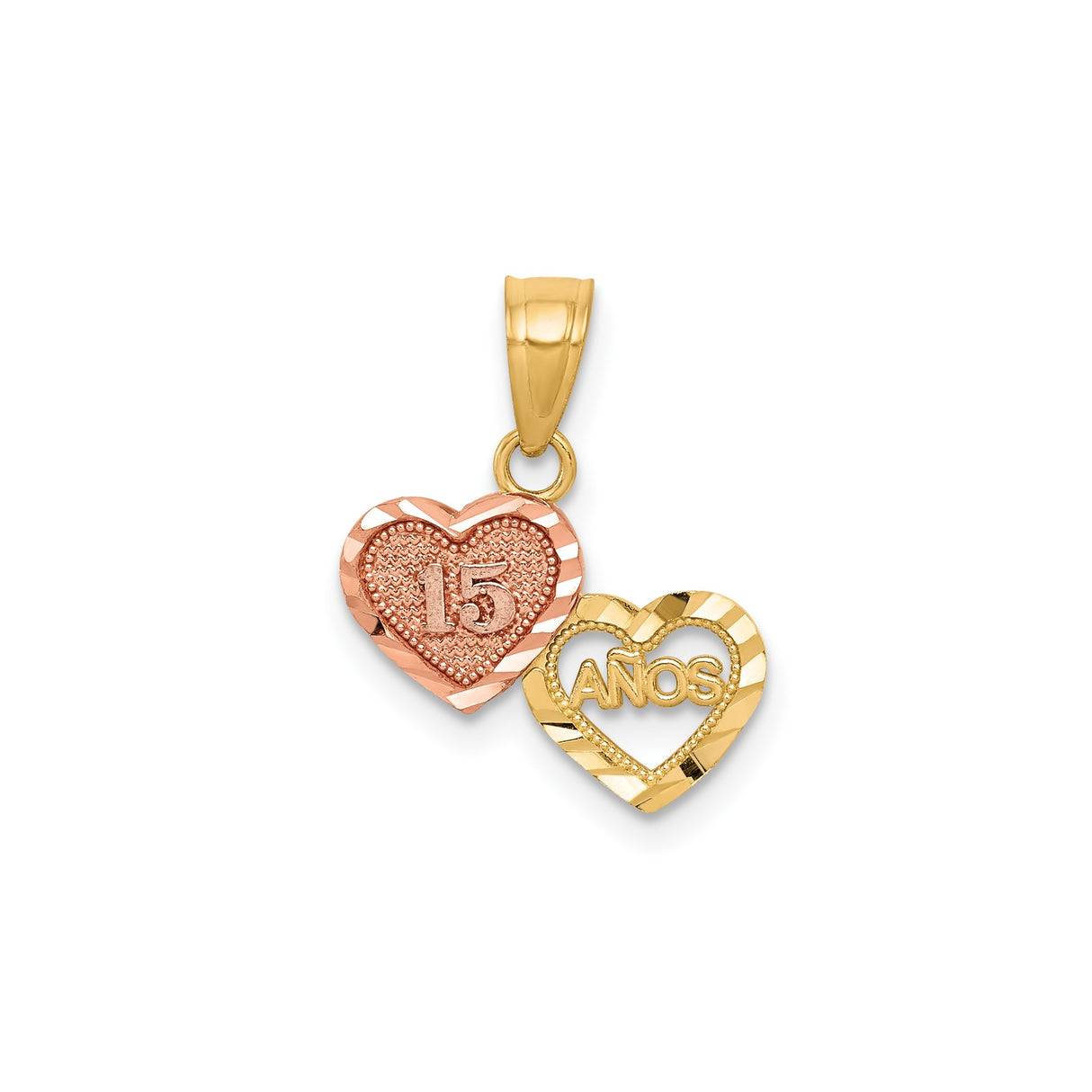 10k Two-Tone Gold Heart Pendant with 15 AÑOS Design, Quinceañera Charm for Teen Girl