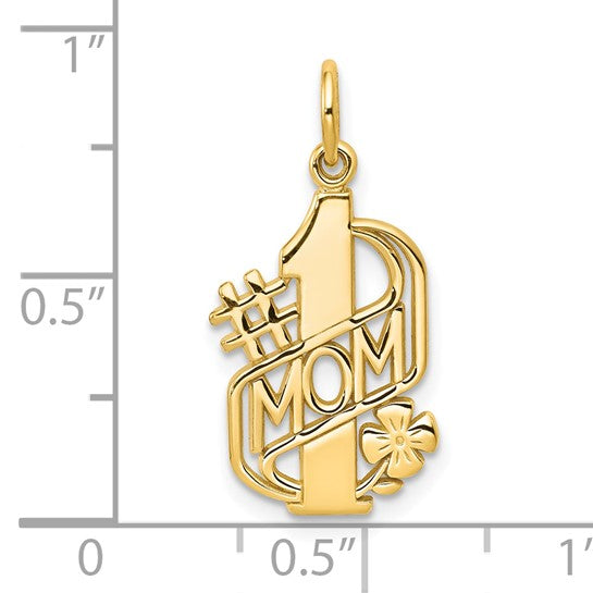 10k Yellow Gold Pendant, Number One Mom Design with Bold Lettering and Flower Detail