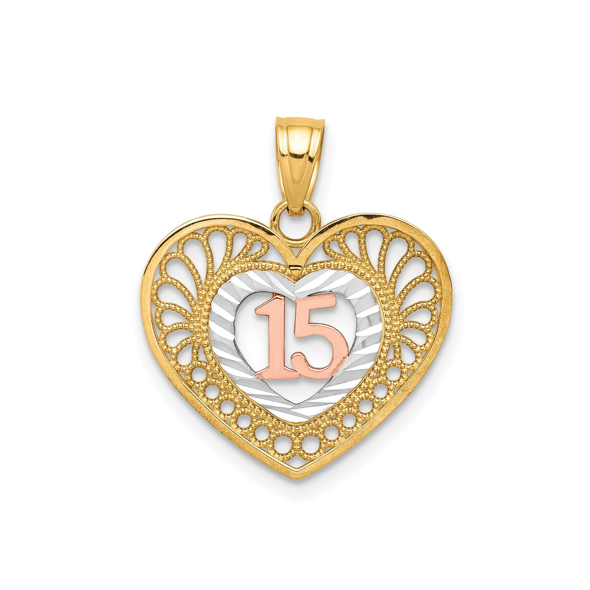 10k Two-Tone Gold Heart Pendant with Rose Gold 15, Quinceañera Filigree Design