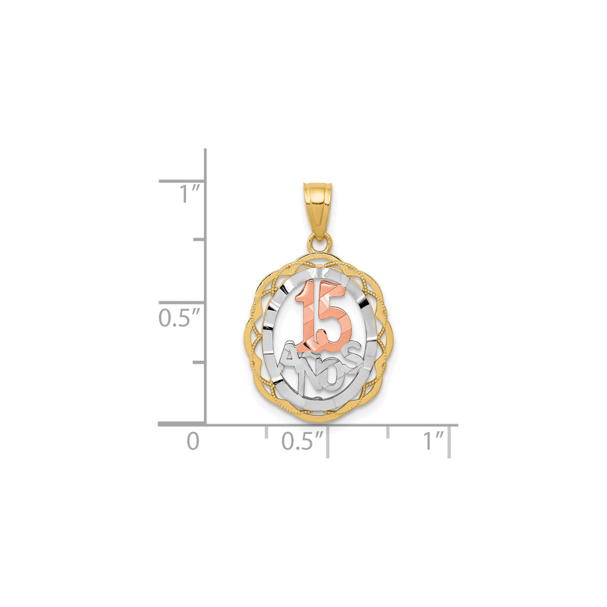 10k Two-Tone Gold 15 Años Pendant with Rose, White, and Yellow Scalloped Oval Design