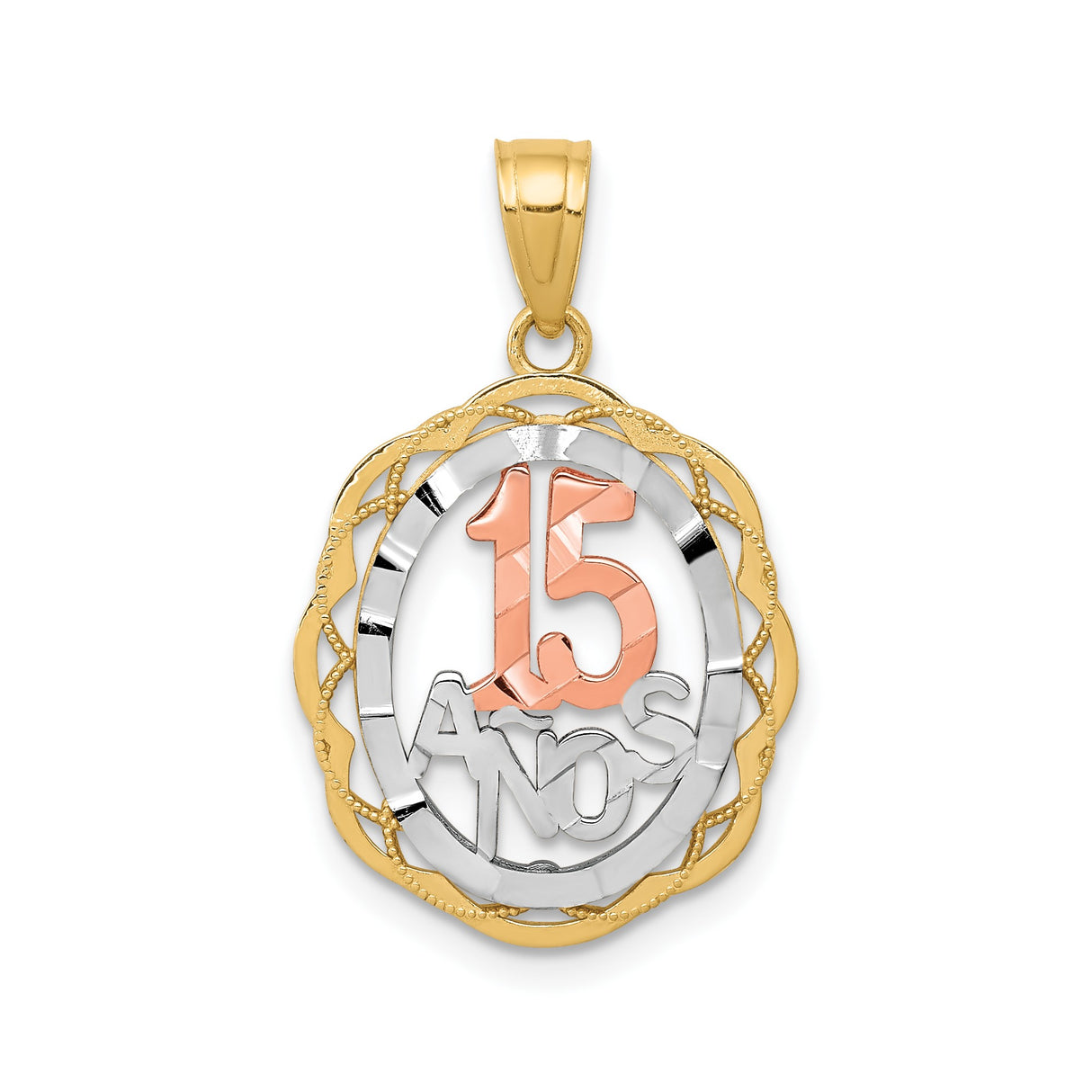 10k Two-Tone Gold 15 Años Pendant with Rose, White, and Yellow Scalloped Oval Design