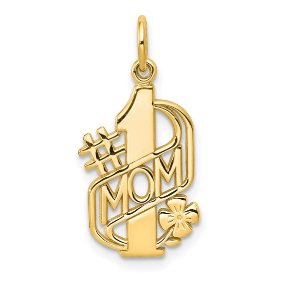 10k Yellow Gold Pendant, Number One Mom Design with Bold Lettering and Flower Detail