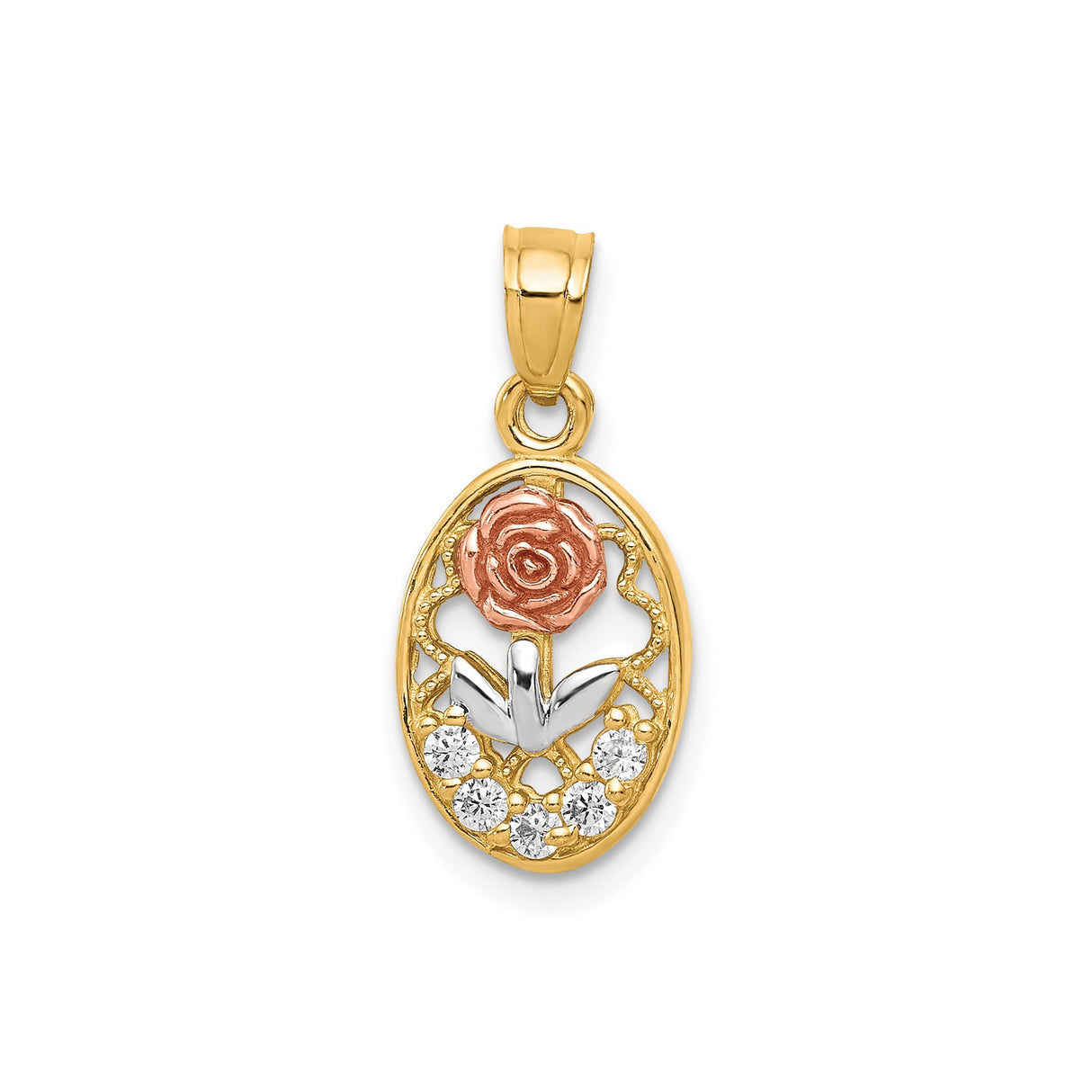 10k Two-Tone Gold Oval Rose Pendant with Cubic Zirconia, White Gold Leaves, Floral Design