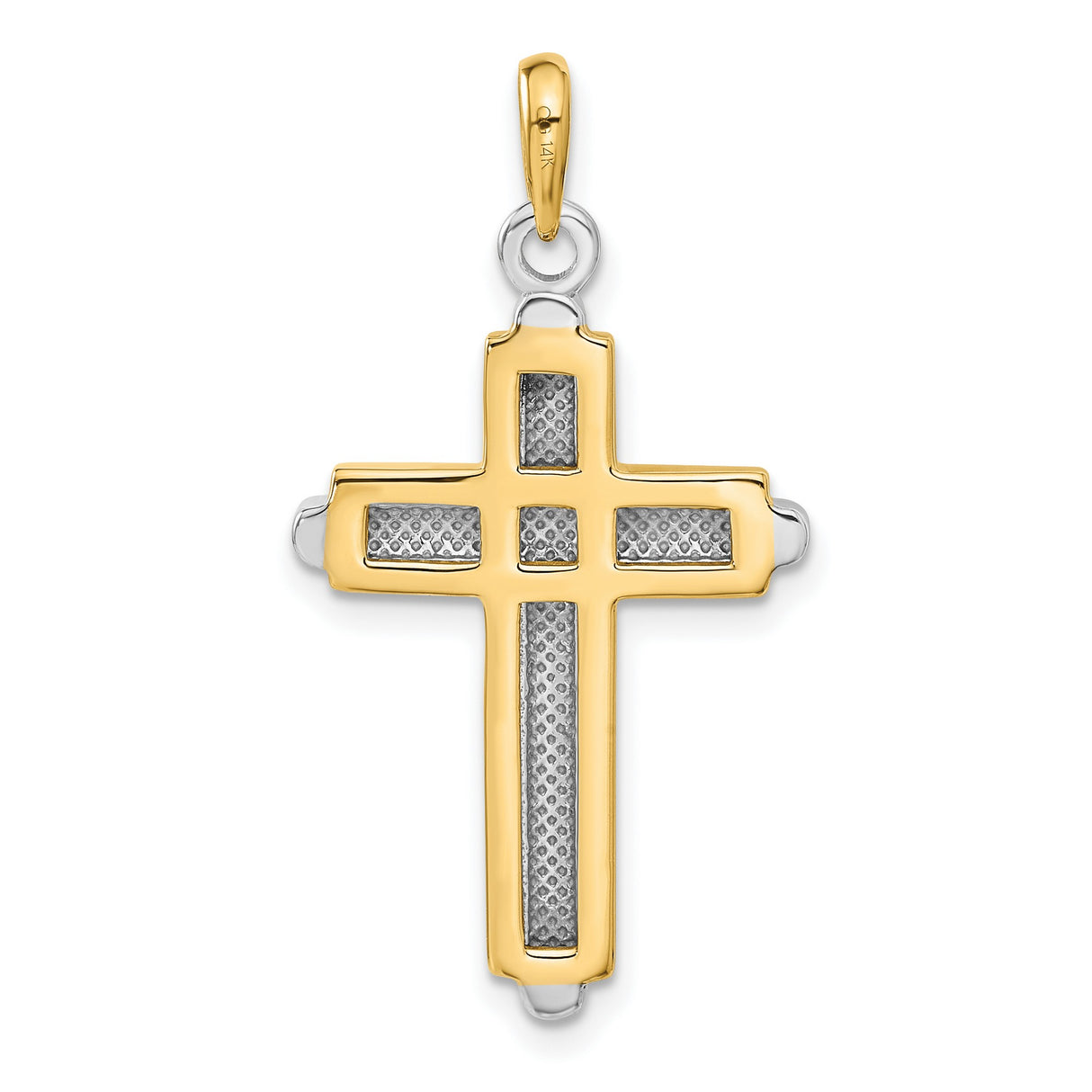 10k Two-Tone Gold Cross Pendant, Polished Yellow and White Gold, Dual Layer Design, Unisex Religious Jewelry