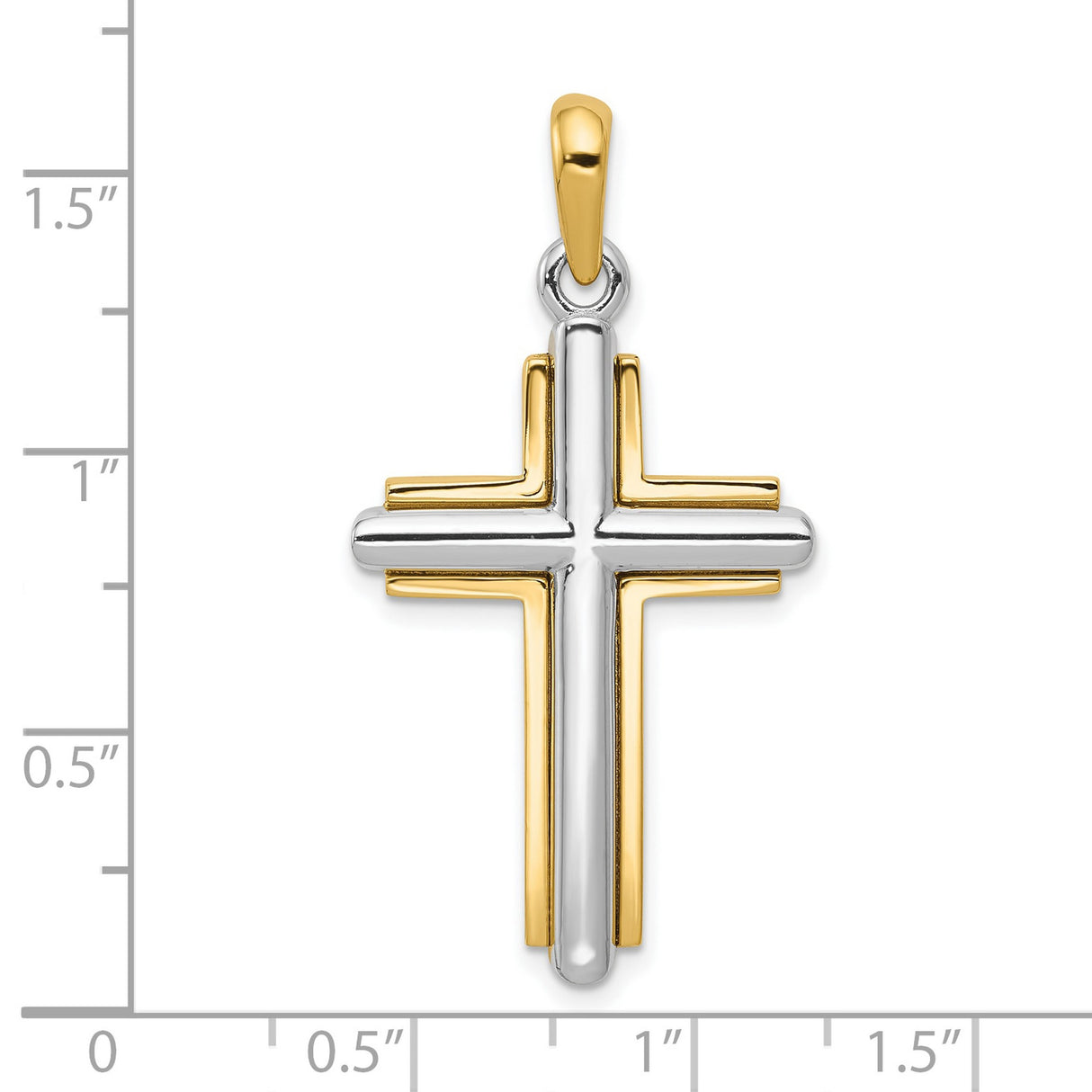 10k Two-Tone Gold Cross Pendant, Polished Yellow and White Gold, Dual Layer Design, Unisex Religious Jewelry