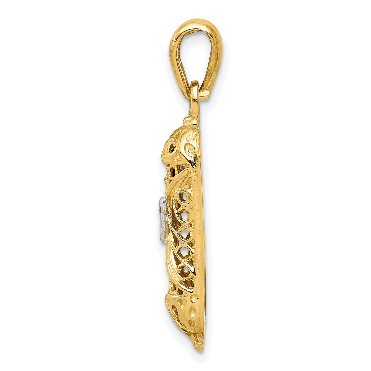 10k Multi-Tone Gold Mezuzah Pendant with Rhodium Shin, Filigree Jewish Symbol