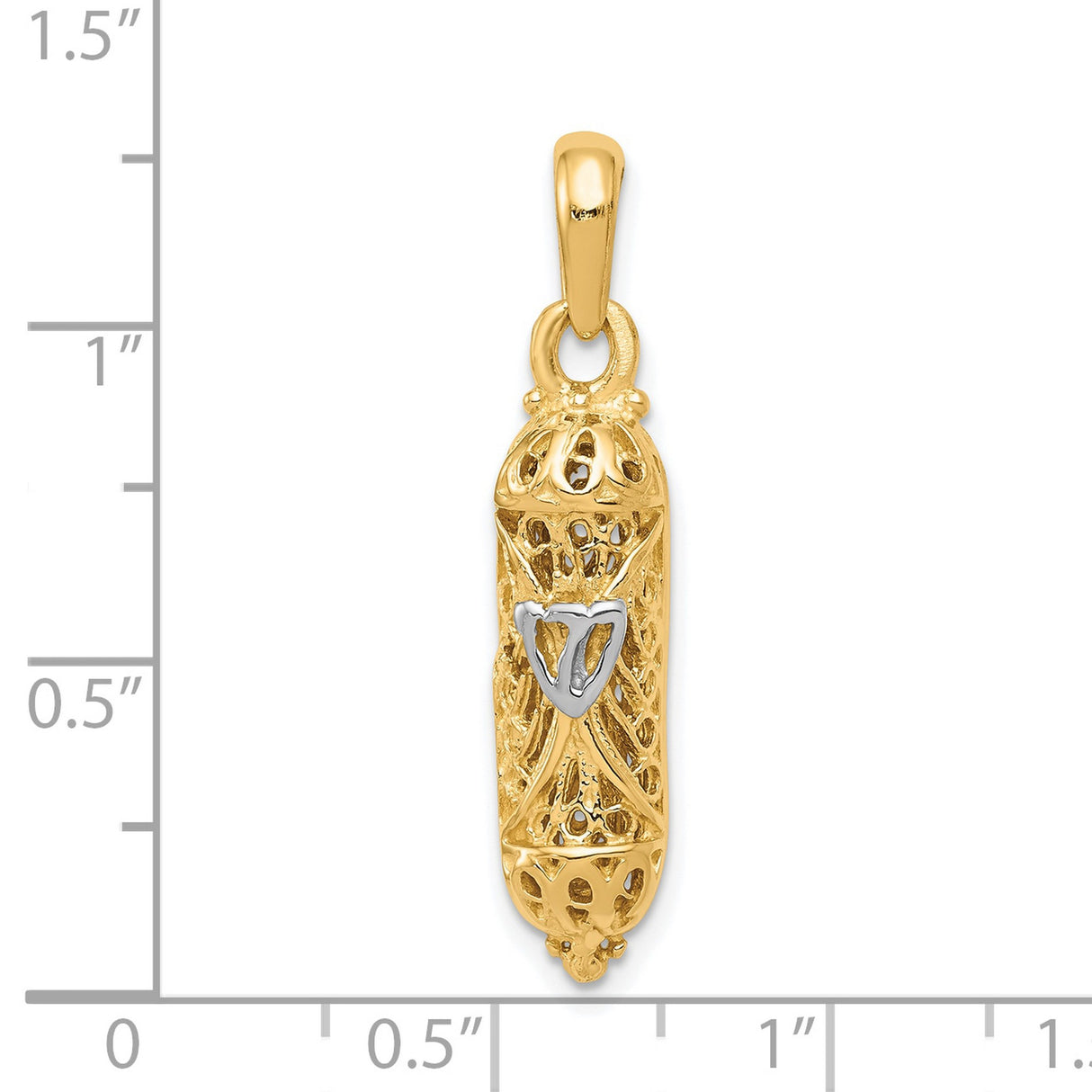 10k Multi-Tone Gold Mezuzah Pendant with Rhodium Shin, Filigree Jewish Symbol