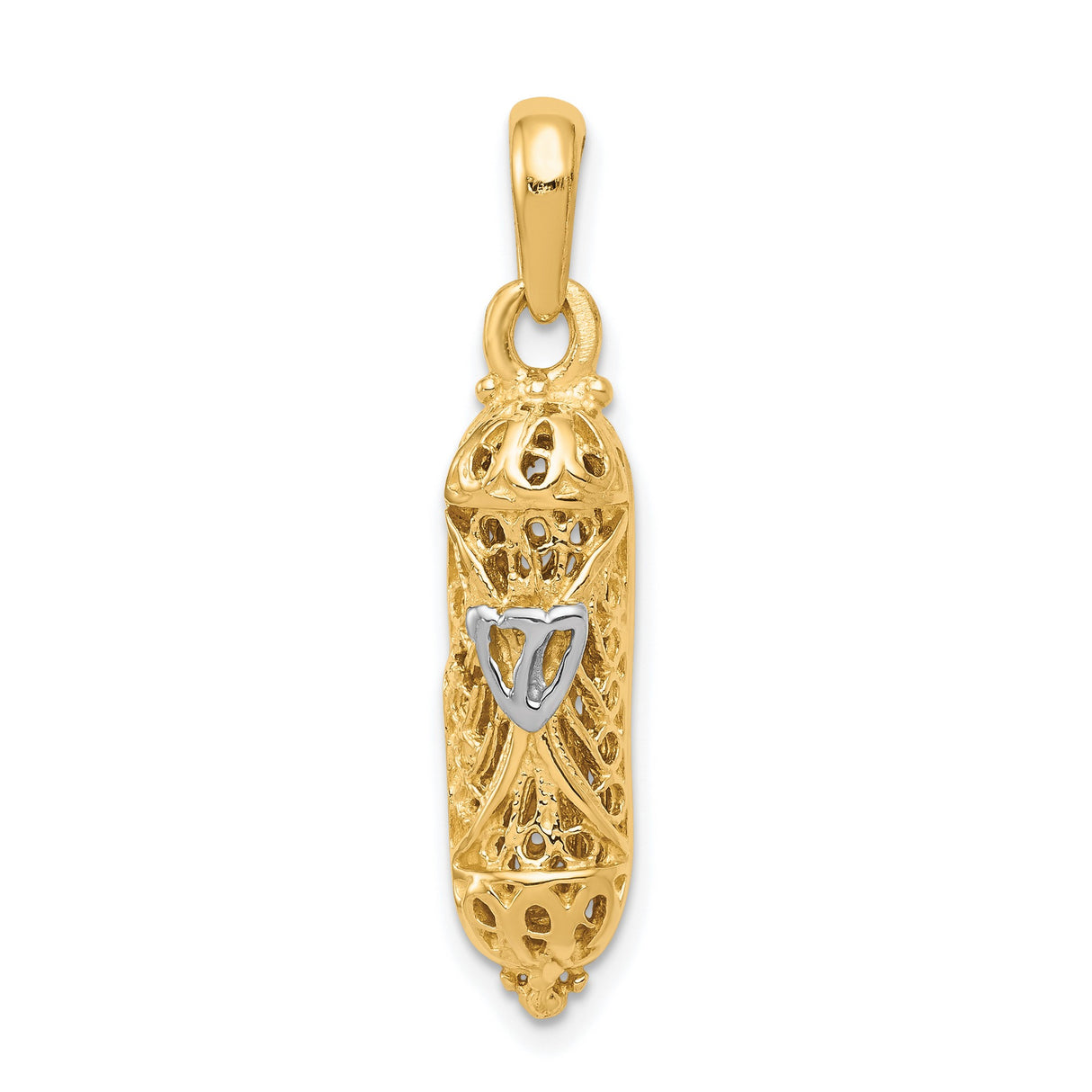 10k Multi-Tone Gold Mezuzah Pendant with Rhodium Shin, Filigree Jewish Symbol