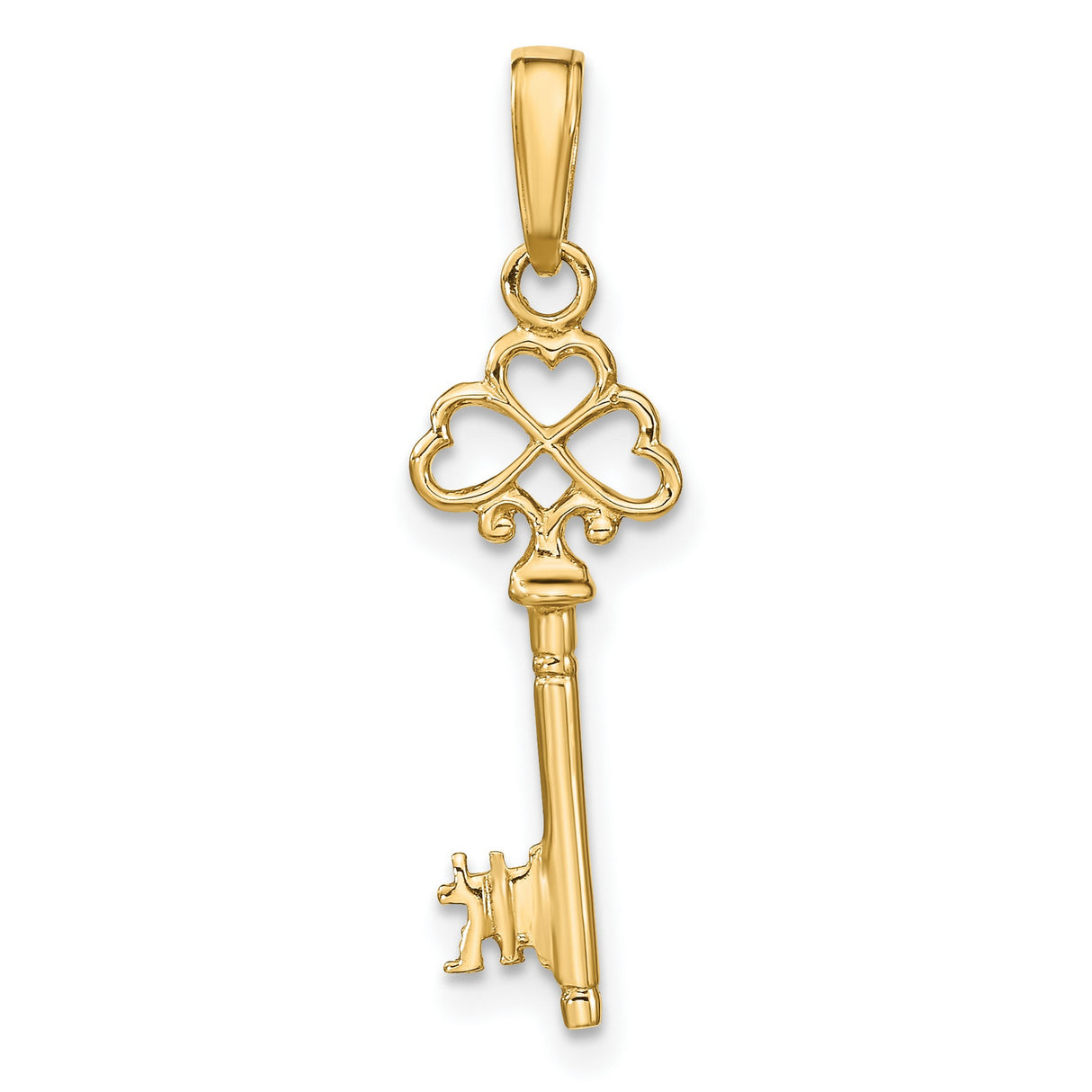 10k Yellow Gold Key Pendant with Clover Heart Design, Symbolizing Love and Unity