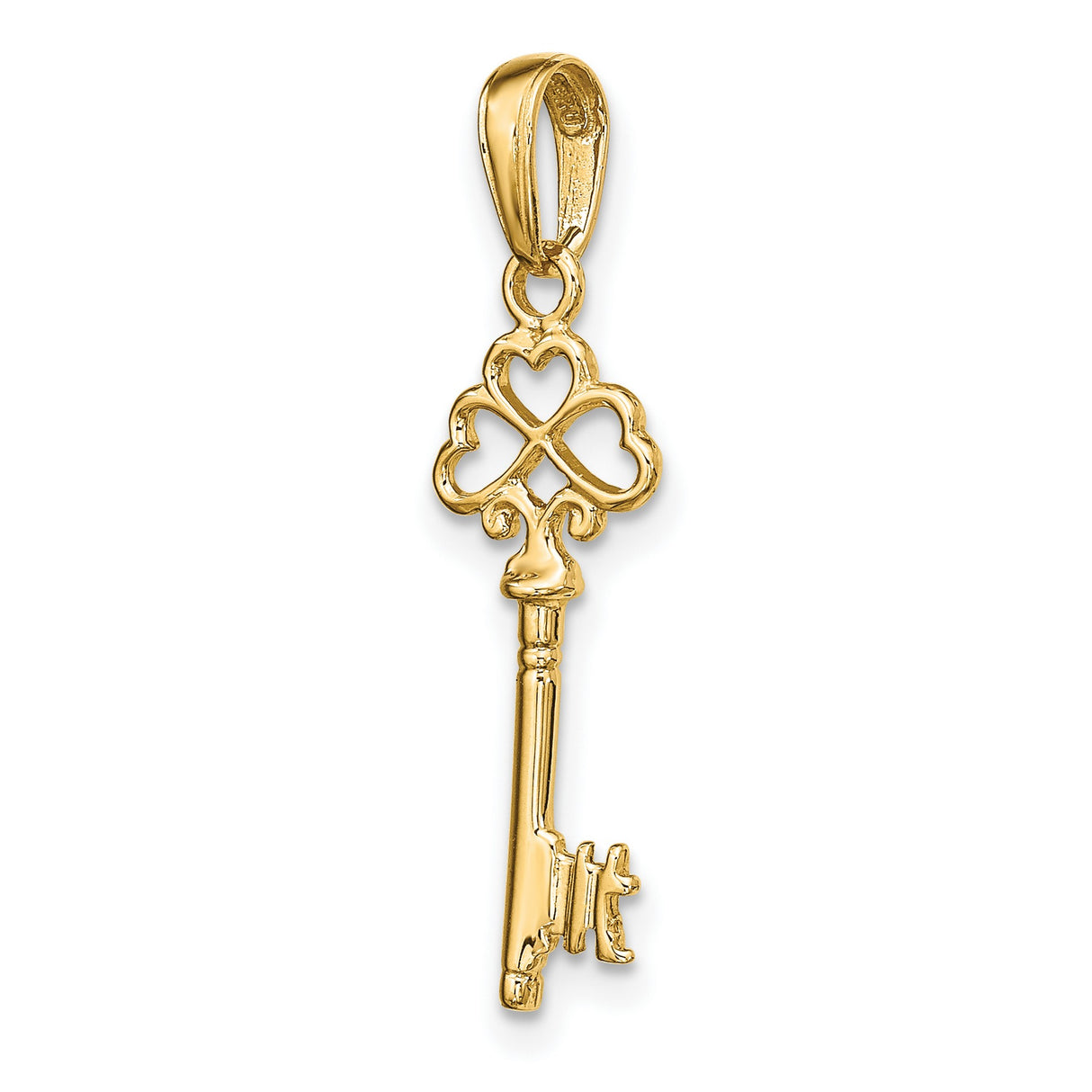 10k Yellow Gold Key Pendant with Clover Heart Design, Symbolizing Love and Unity