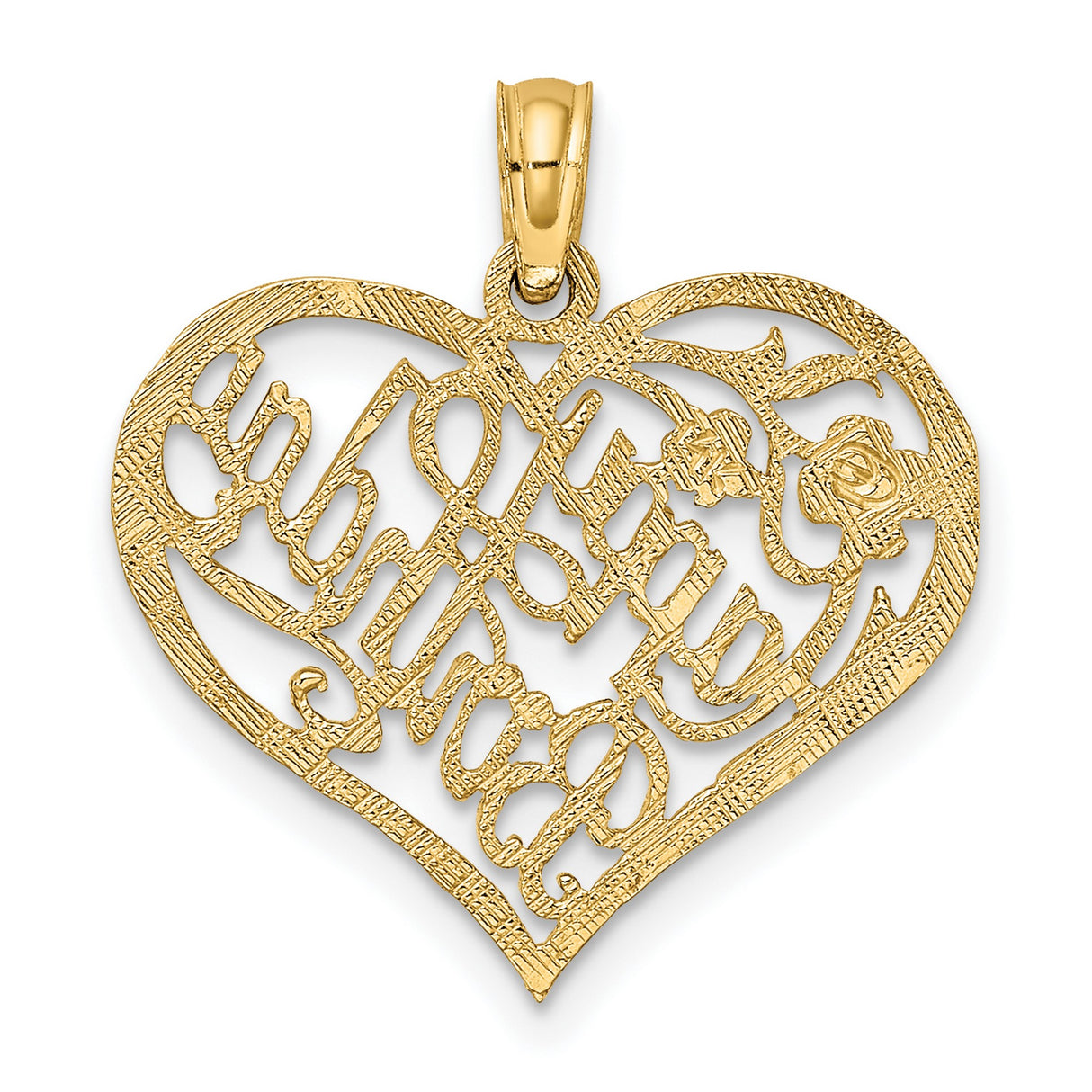 10k Yellow Gold Heart Pendant with Happy Birthday Script and Floral Accents