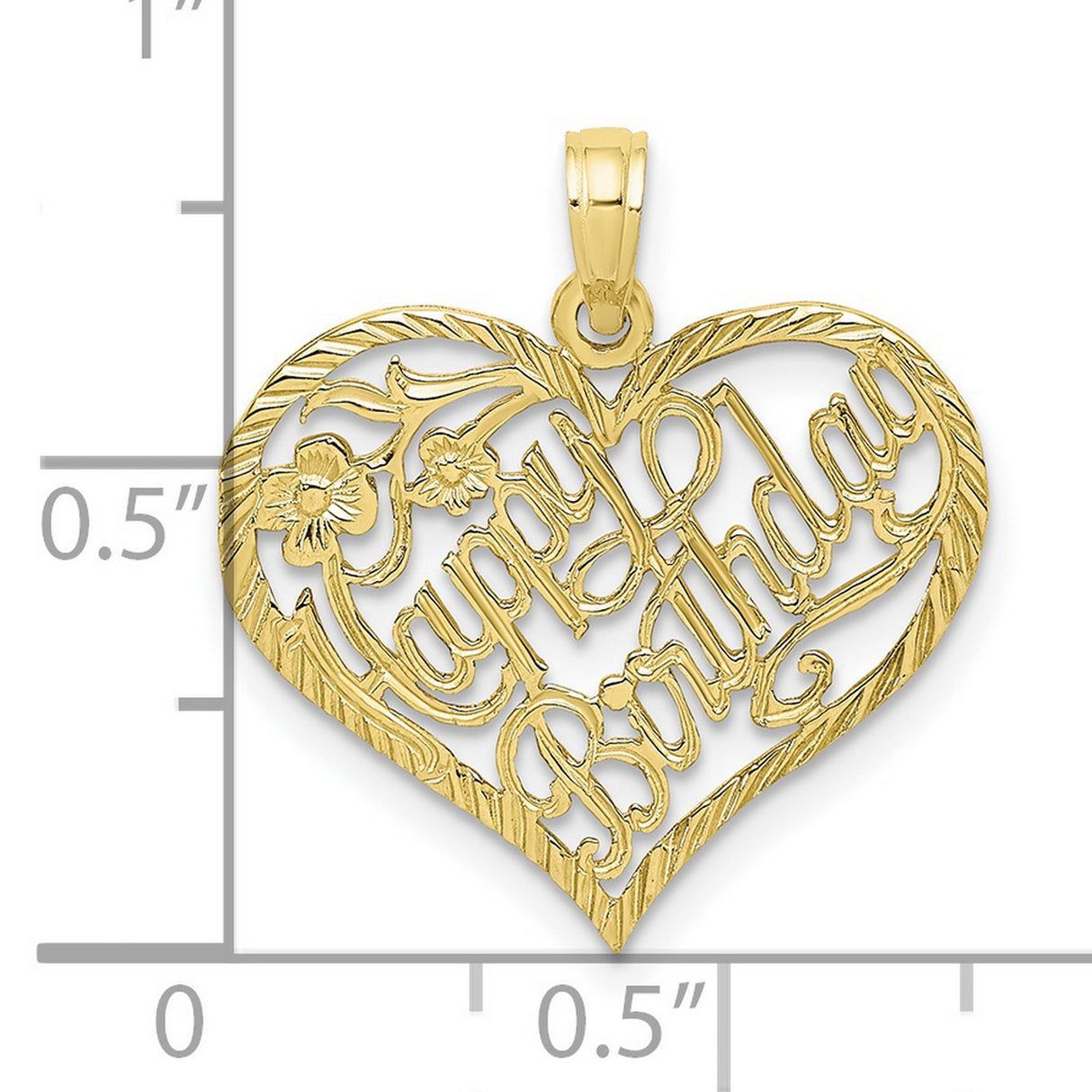 10k Yellow Gold Heart Pendant with Happy Birthday Script and Floral Accents