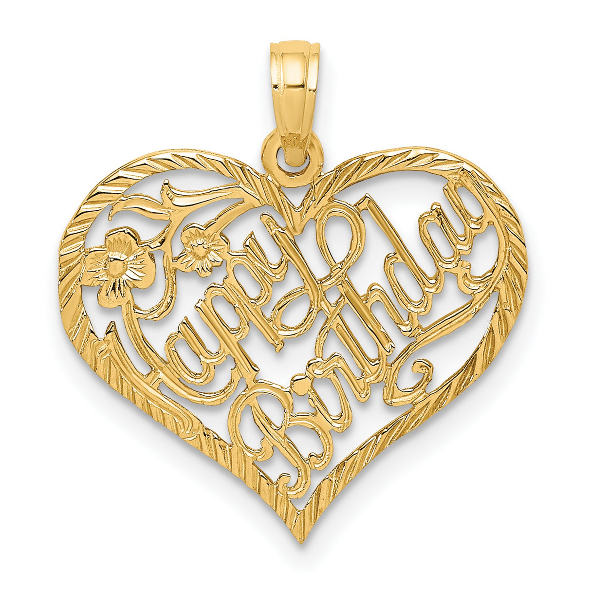 10k Yellow Gold Heart Pendant with Happy Birthday Script and Floral Accents