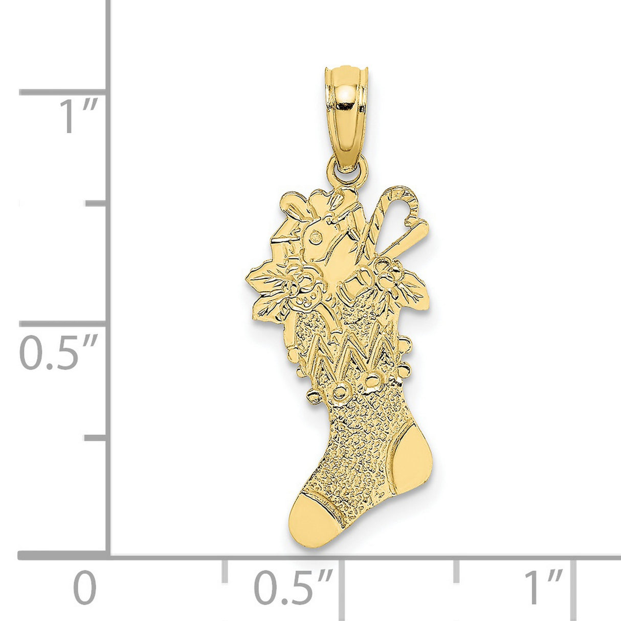 10k Yellow Gold Christmas Stocking Pendant with Holly, Candy Cane, and Toys