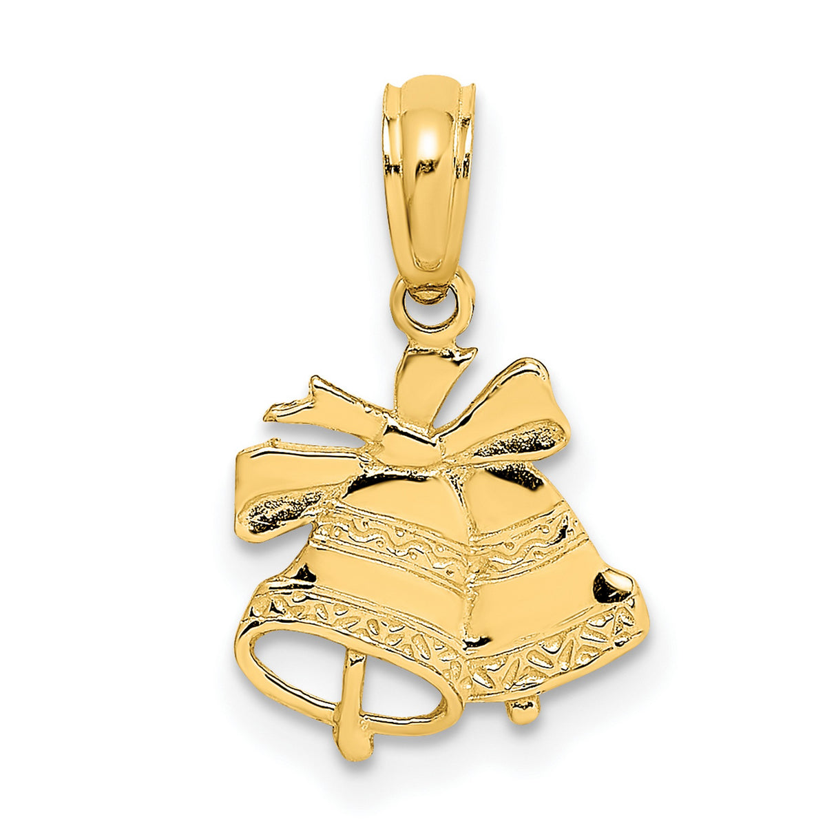 10k Yellow Gold Pendant with Wedding Bells and Ribbon, Romantic Bridal Charm