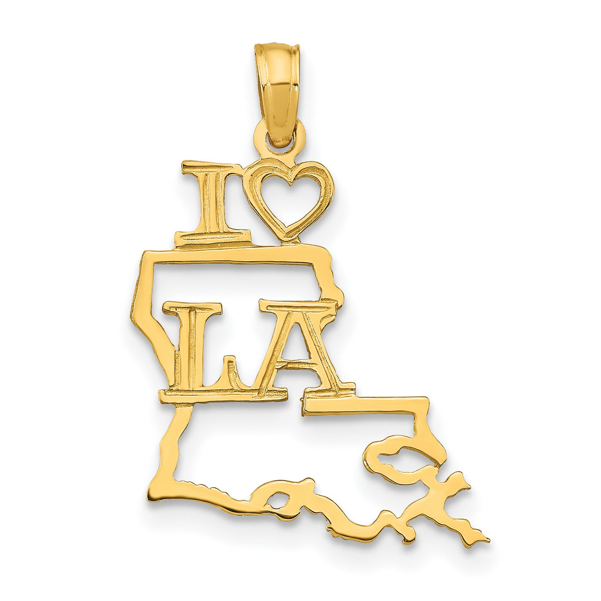 10k Yellow Gold Louisiana Map Pendant with Cutout State Outline and Heart Design