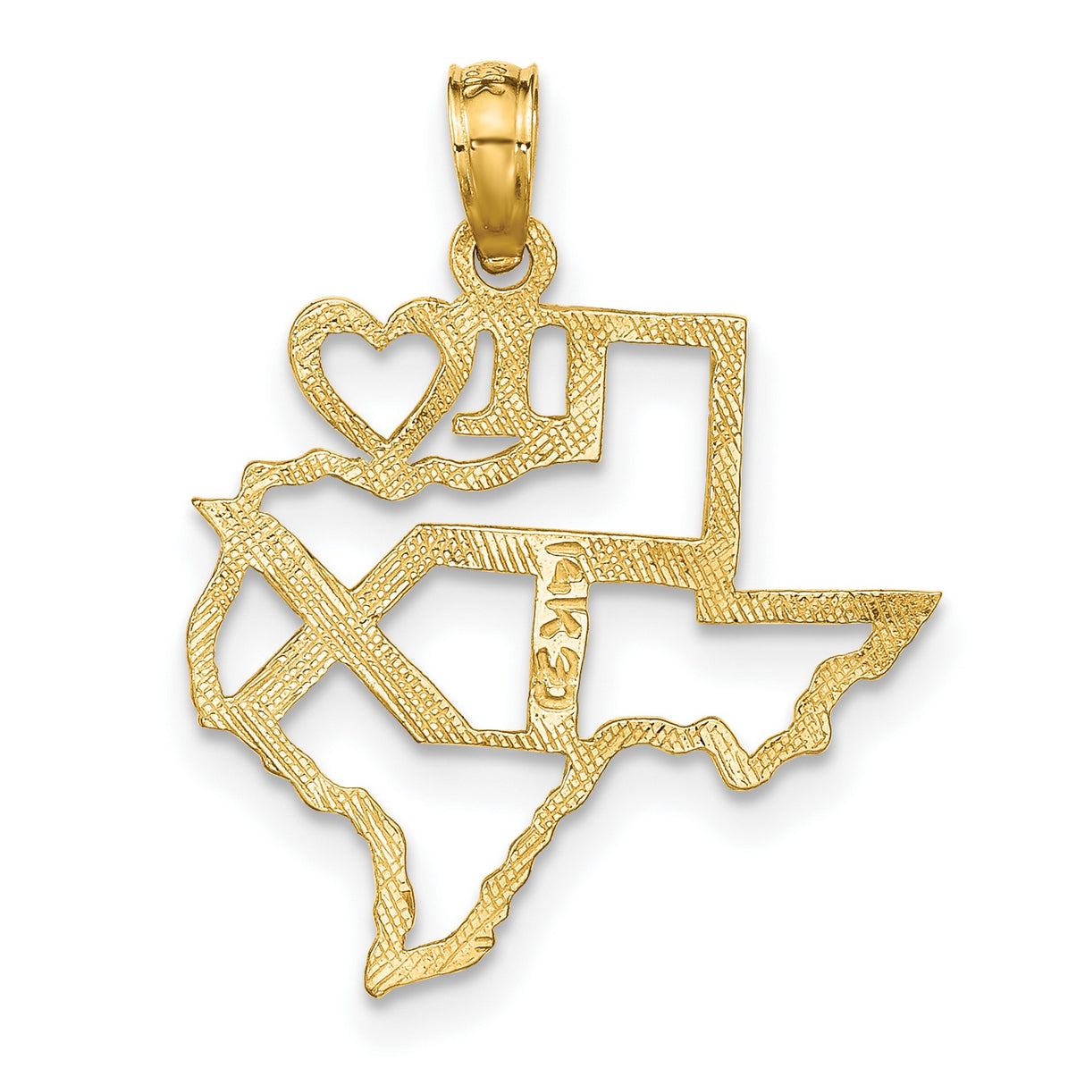 10k Yellow Gold Texas State Pendant with Open Cut I Heart TX Design