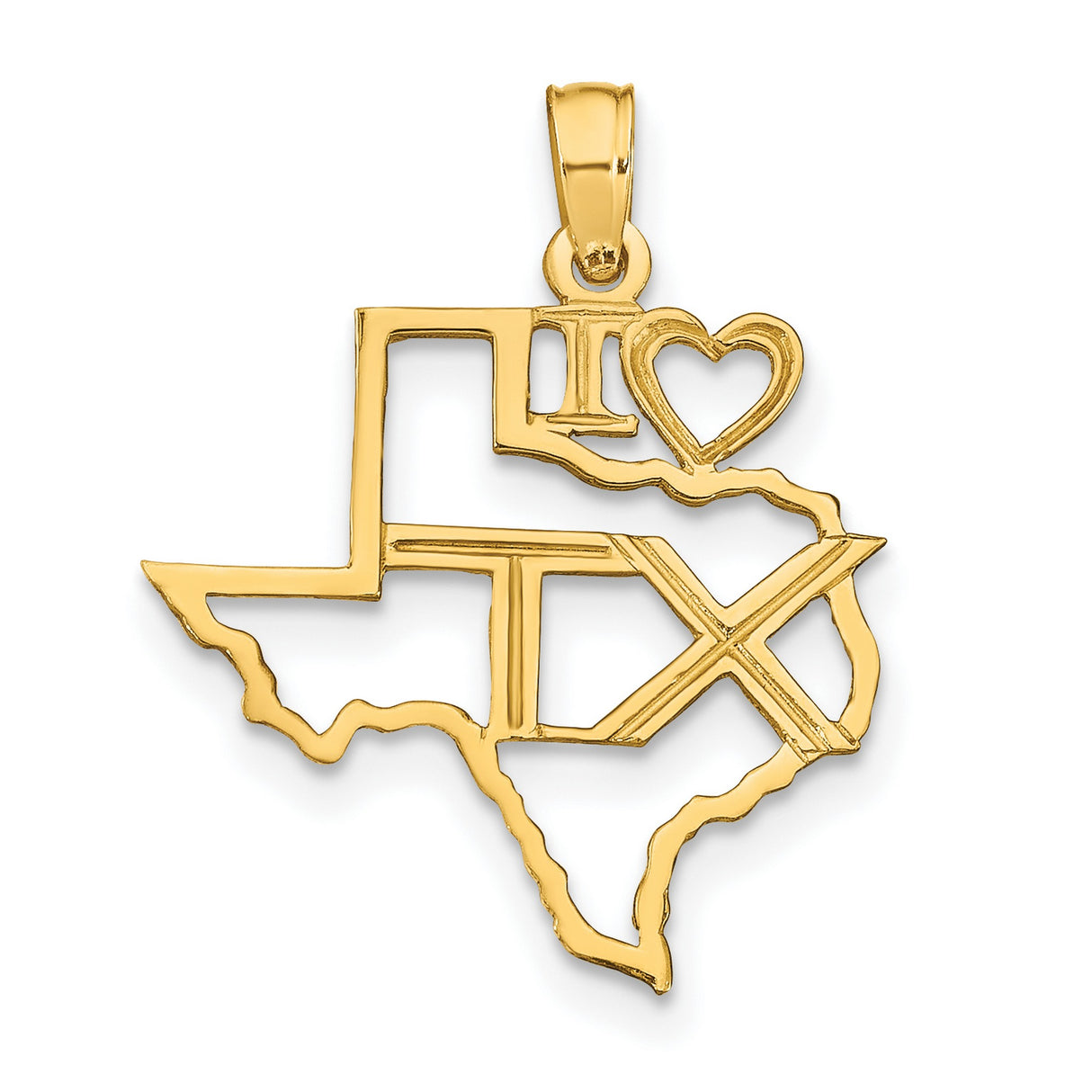 10k Yellow Gold Texas State Pendant with Open Cut I Heart TX Design