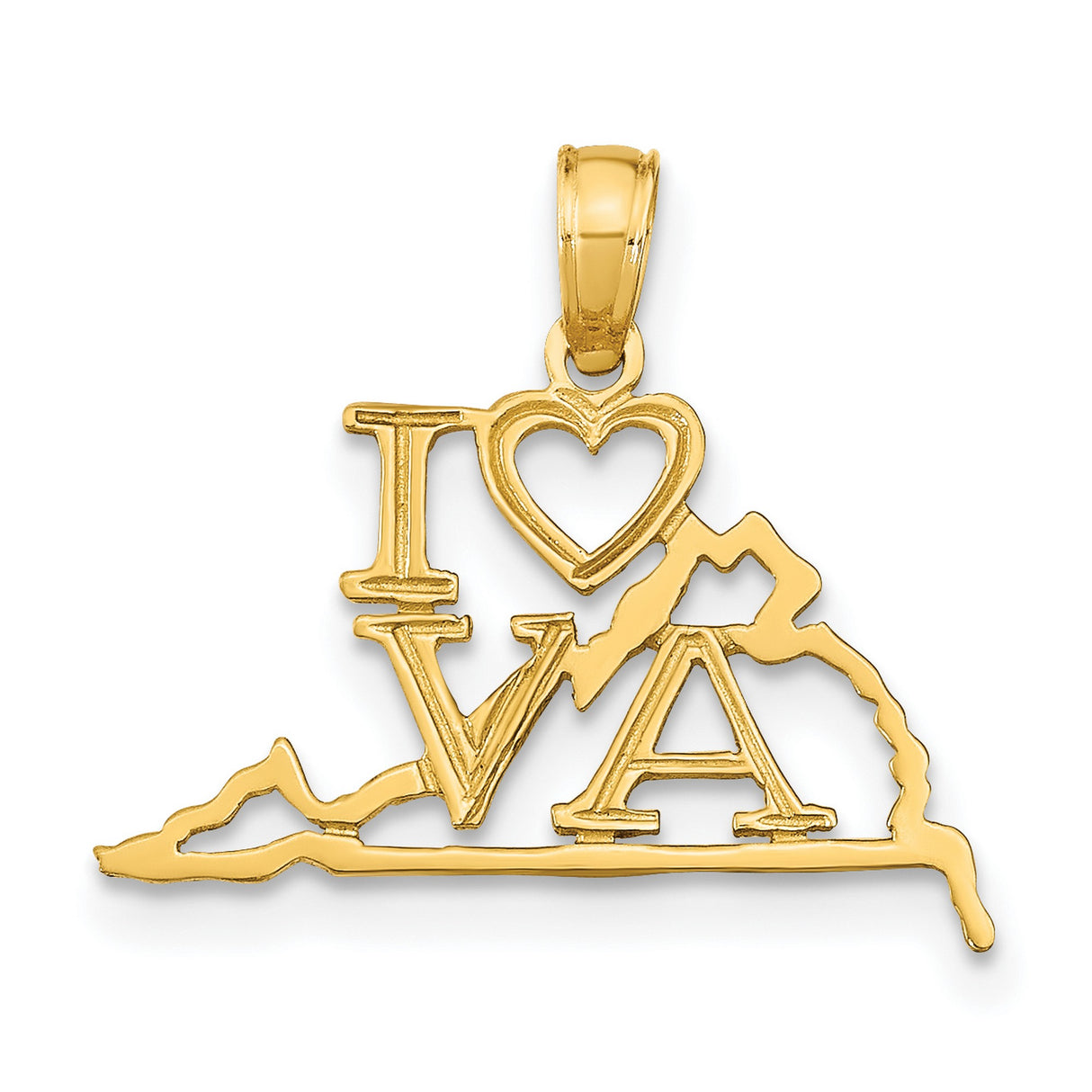 I Love Virginia VA Letters with Heart on State Shaped Charm Pendant in Real 10k Yellow Gold