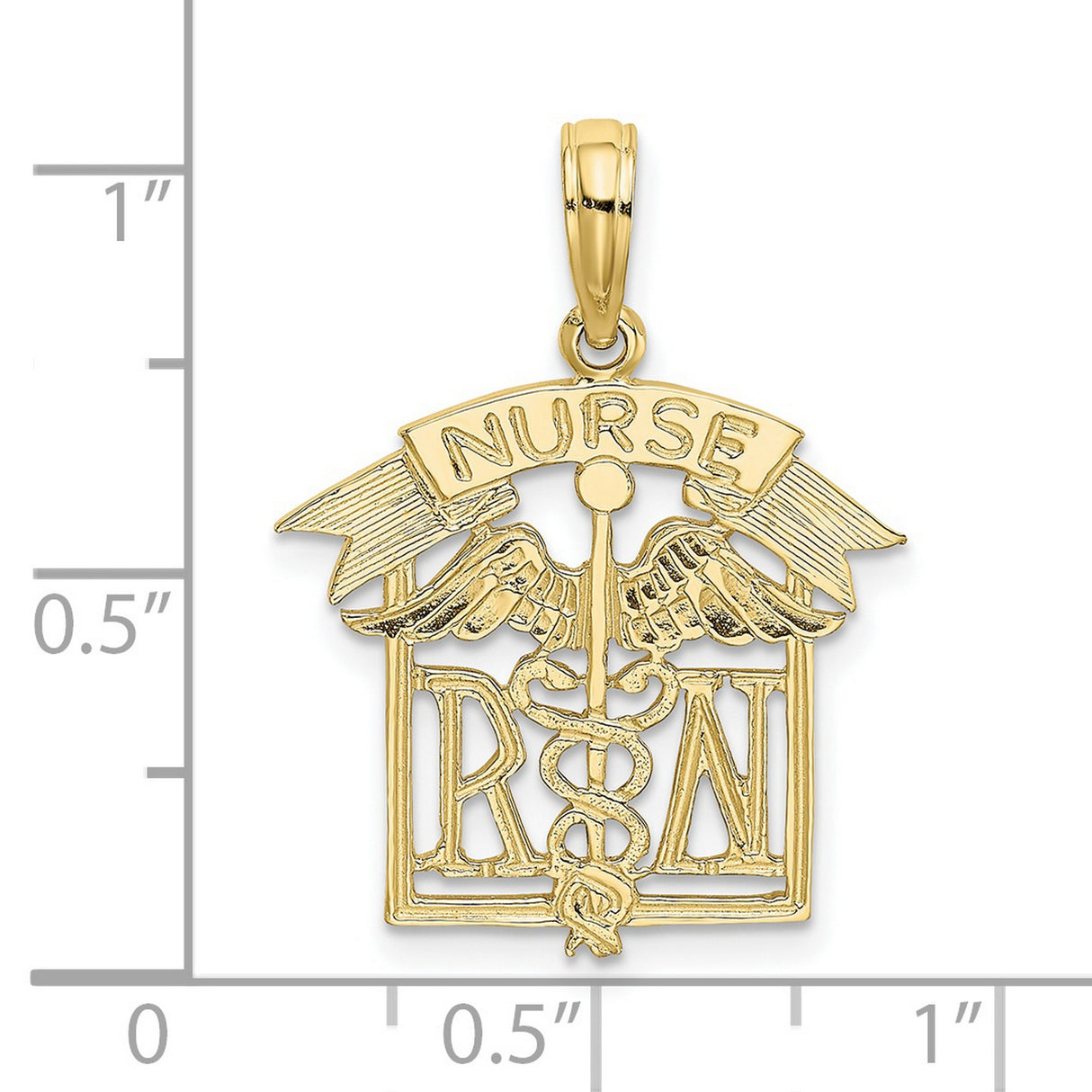 10k Yellow Gold RN Nurse Pendant with Caduceus Symbol, Medical Charm for Women