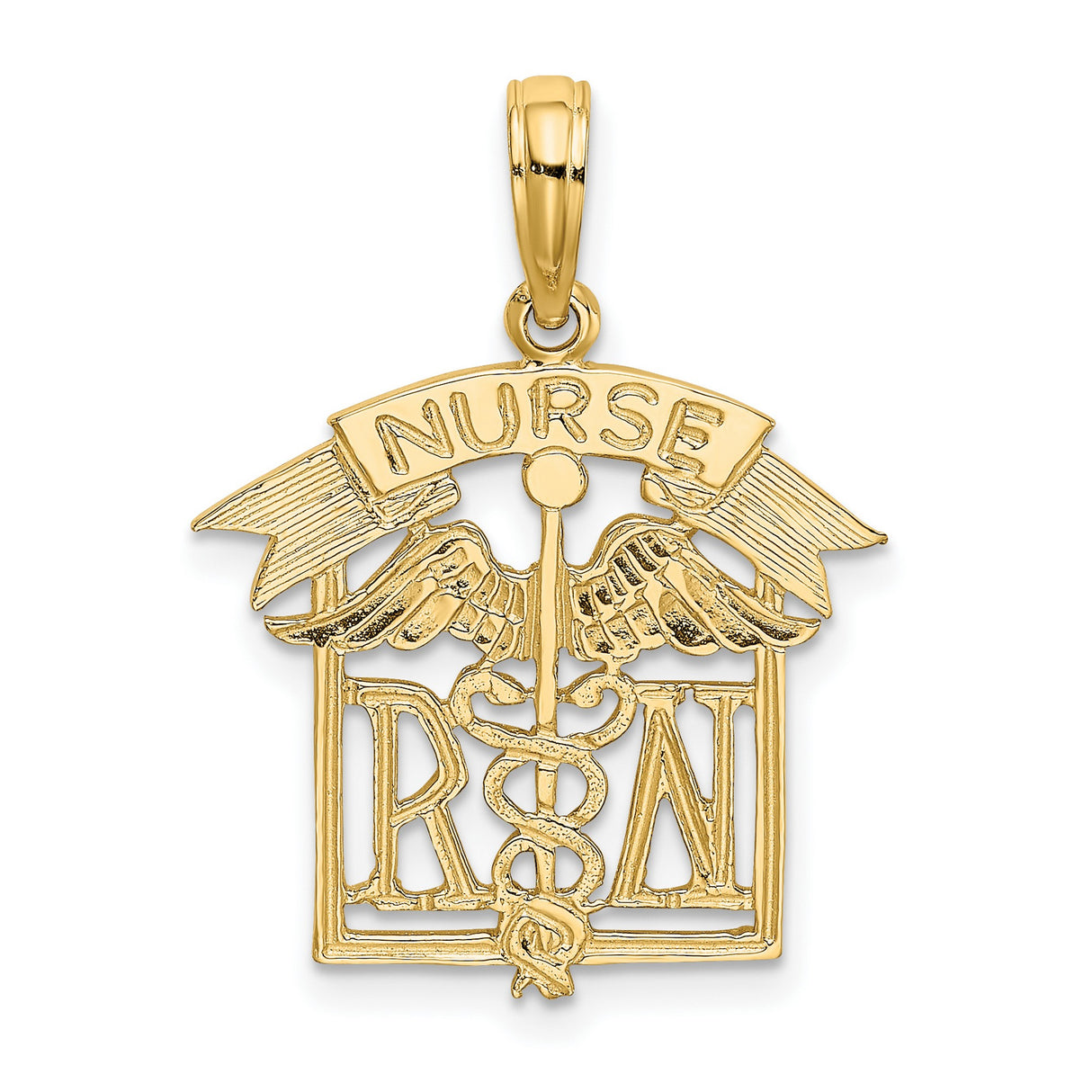 10k Yellow Gold RN Nurse Pendant with Caduceus Symbol, Medical Charm for Women
