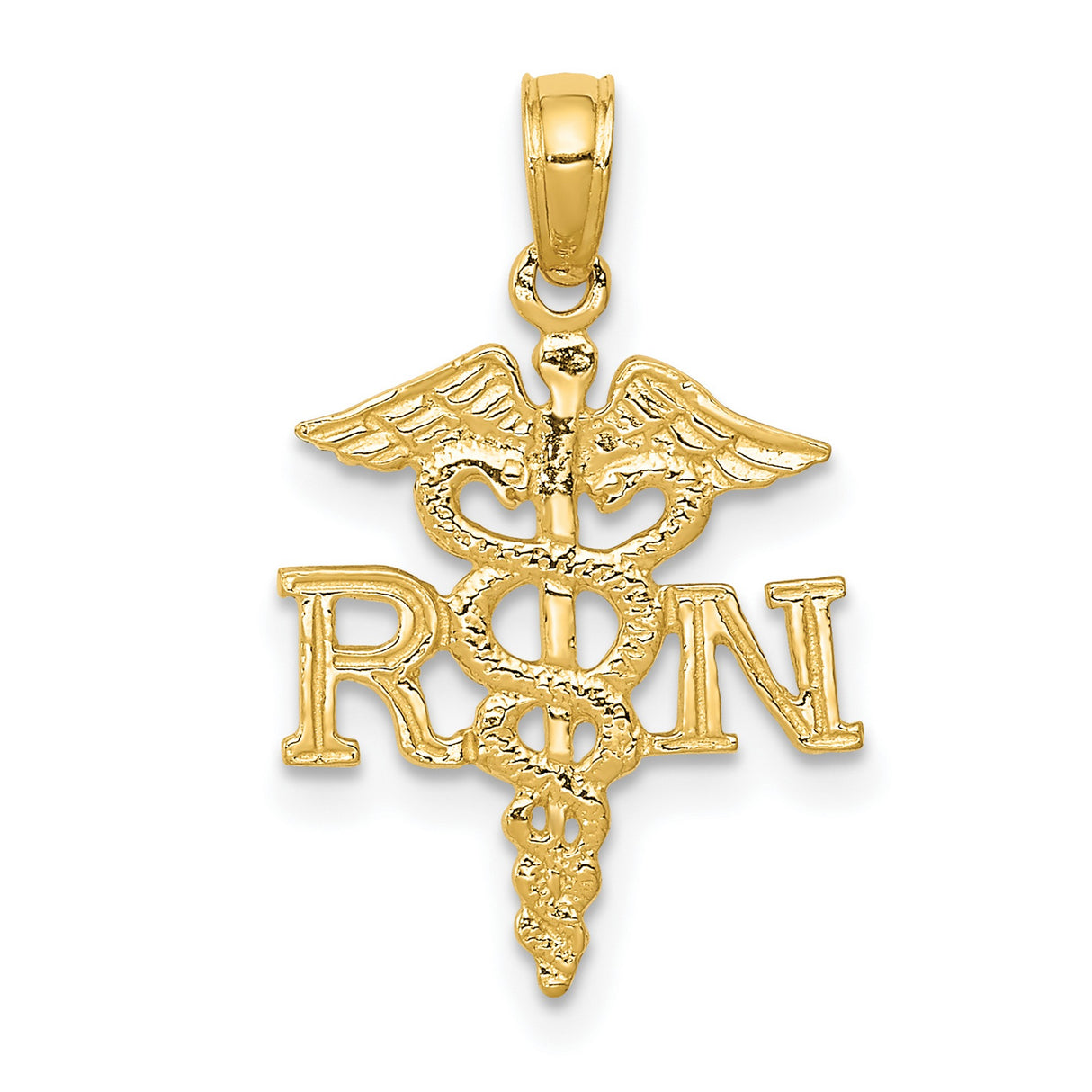 10k Yellow Gold RN Pendant with Caduceus Symbol, Medical Charm for Nurses