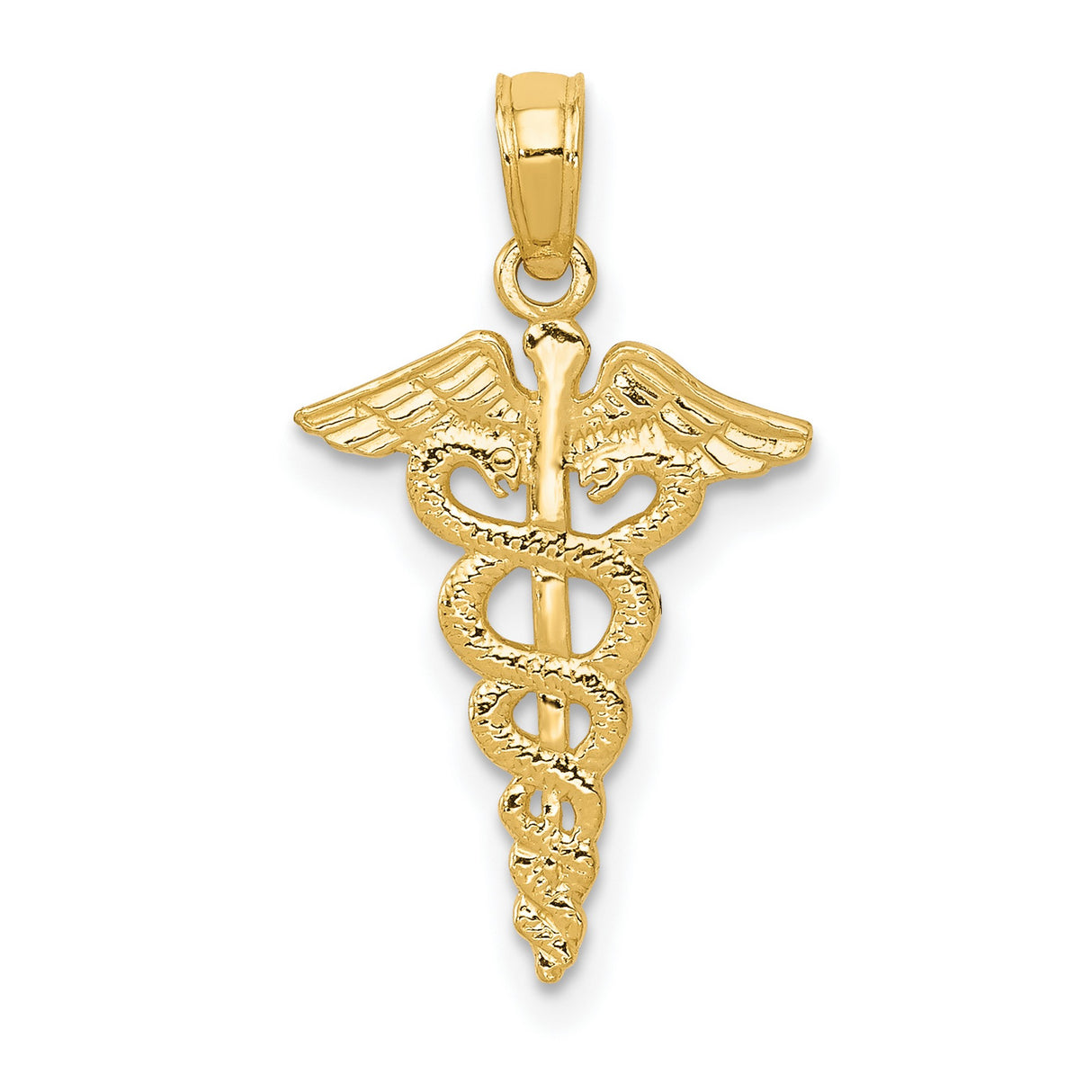10k Yellow Gold Pendant, Caduceus Symbol with Serpent and Wings for Medical Professionals