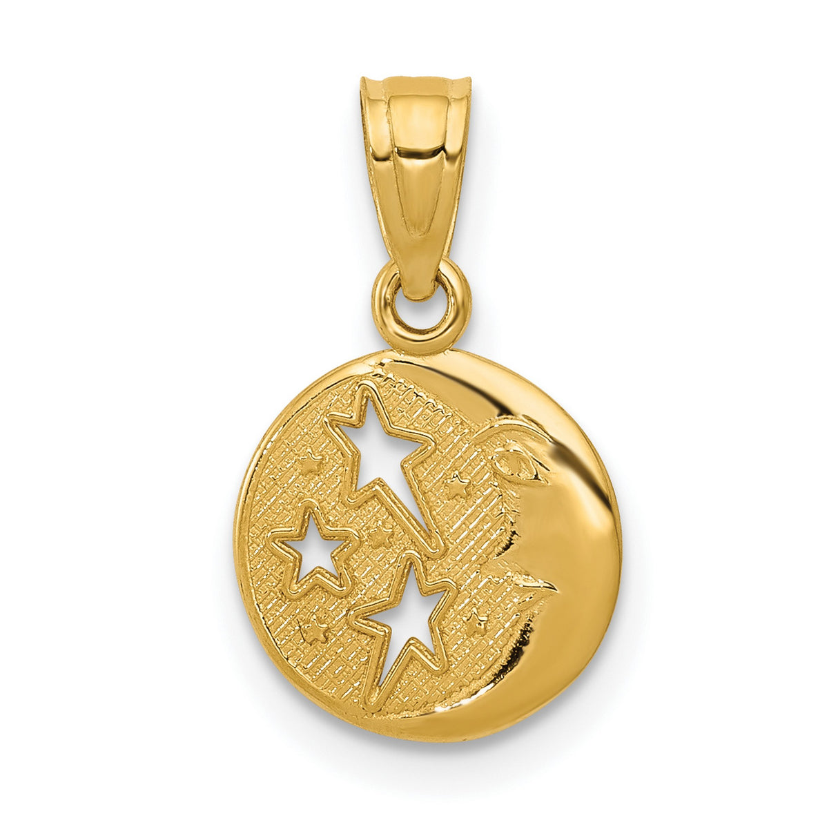 10k Yellow Gold Moon and Stars Pendant with Crescent Face and Star Cutout Medallion Design