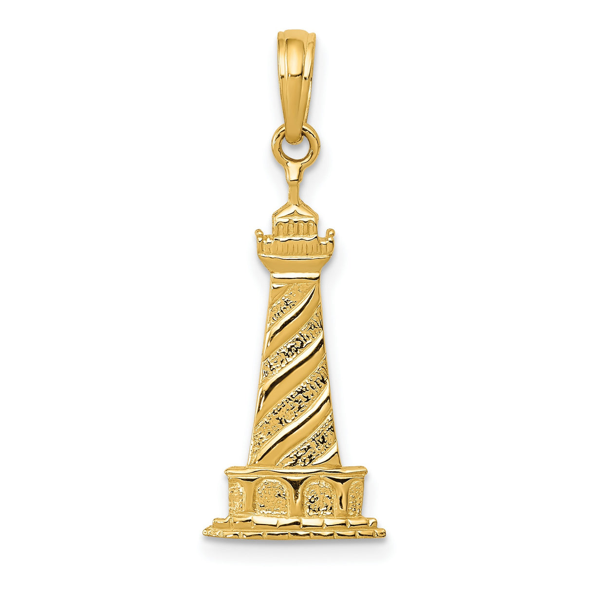 10k Yellow Gold Lighthouse Pendant with Spiral Accents, Nautical Coastal Jewelry