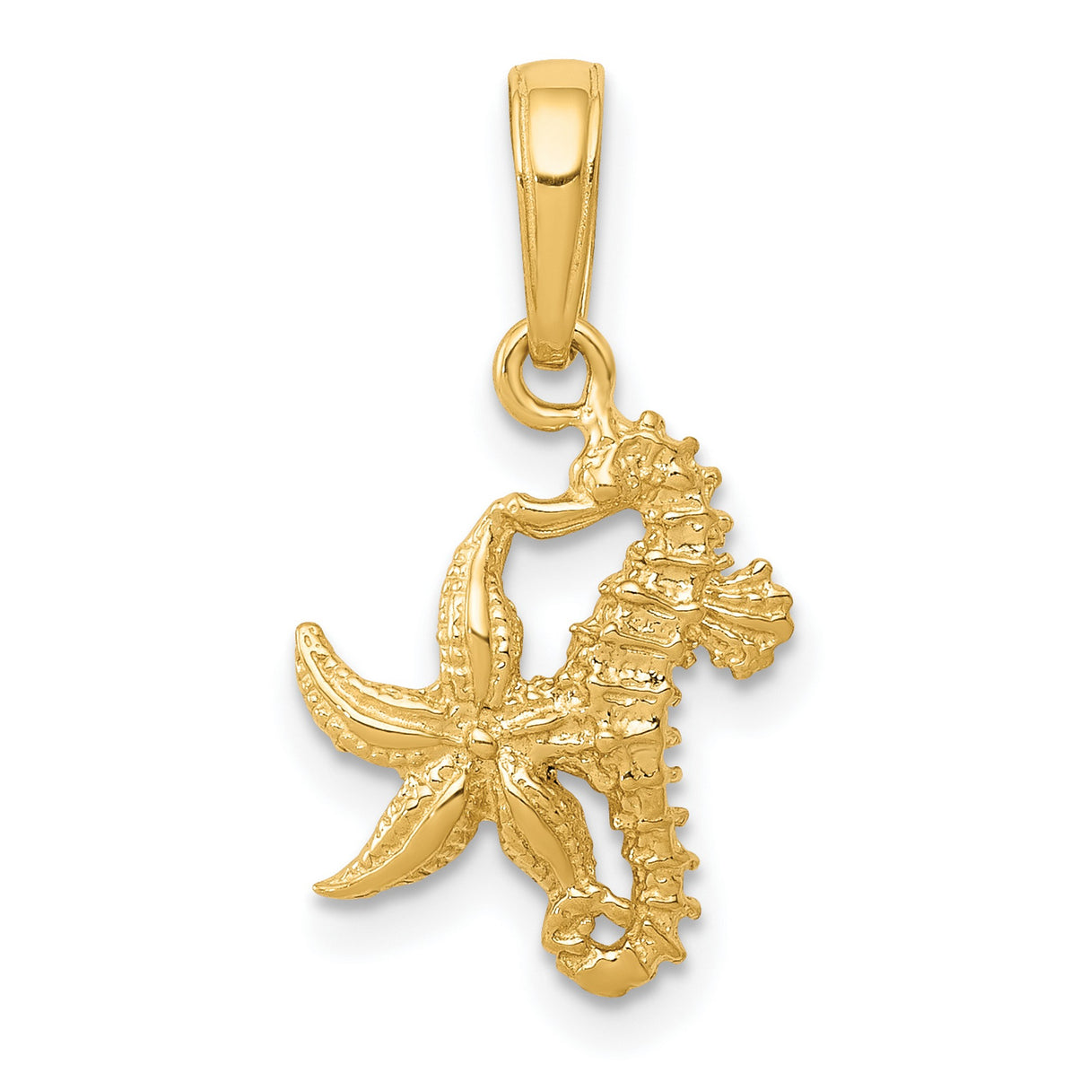 10k Yellow Gold Pendant, Seahorse and Starfish Nautical Charm, Coastal Ocean Theme
