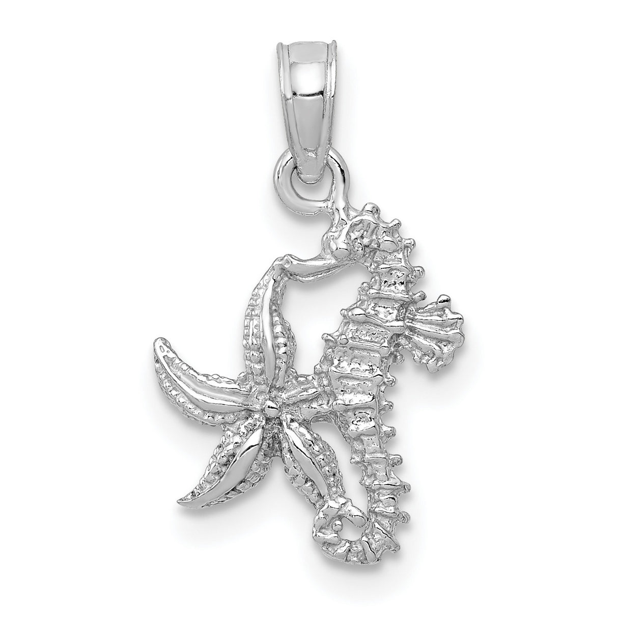 10k White Gold Pendant with Seahorse and Starfish Design, Ocean Nautical Charm for Women