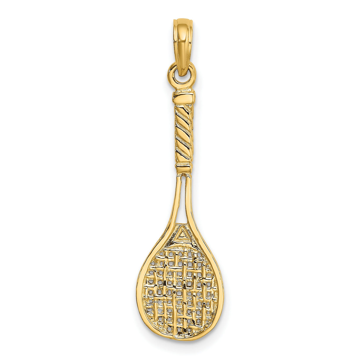 10k Yellow Gold Tennis Racket Pendant with String Detail and Handle Design