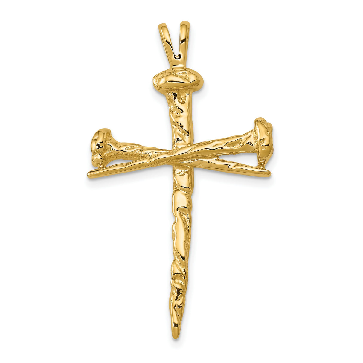 10k Yellow Gold Nail Cross Pendant with Textured Hammered Finish Spiritual Design