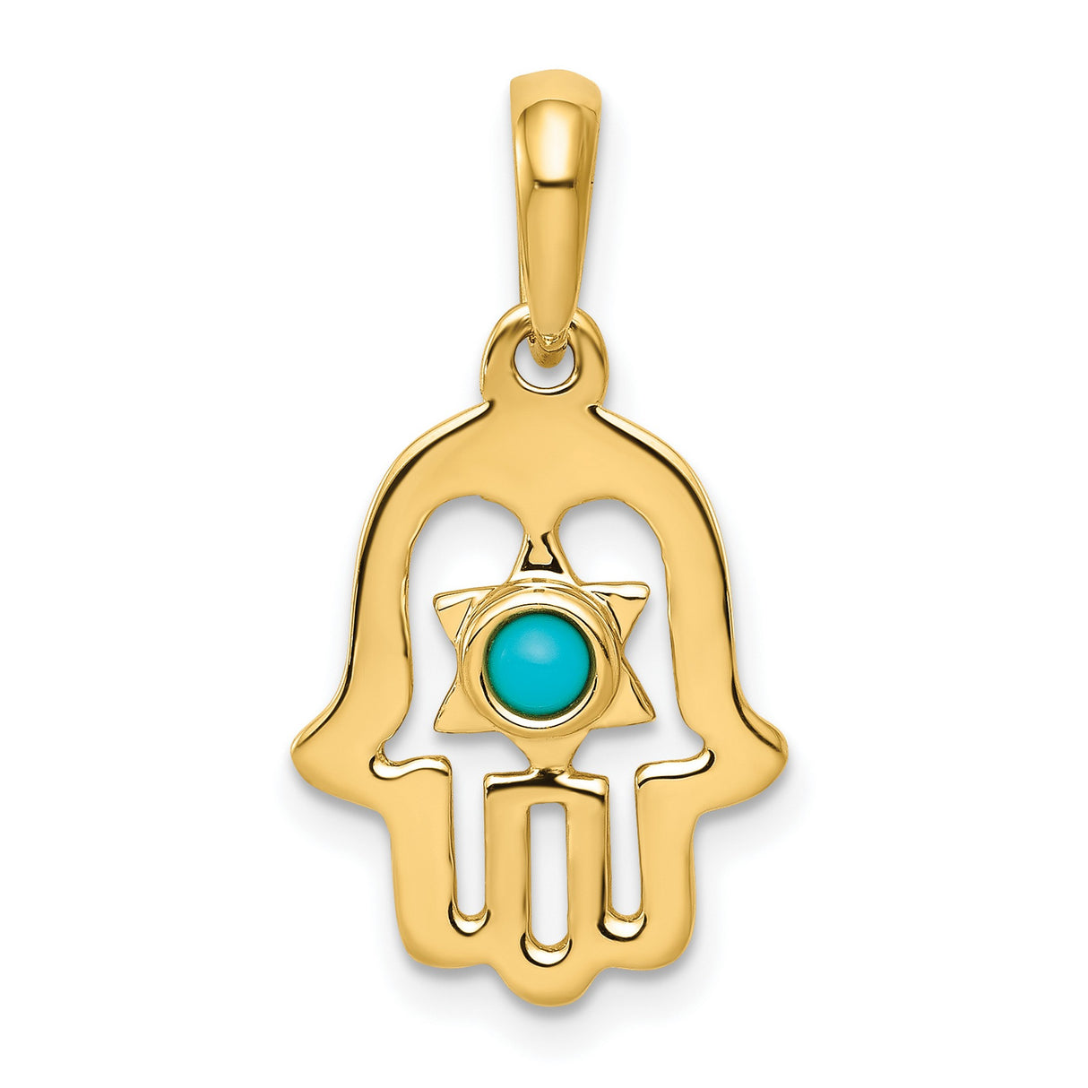 10k Yellow Gold Hamsa Hand Pendant with Turquoise, Star of David Design, Unisex Amulet Charm