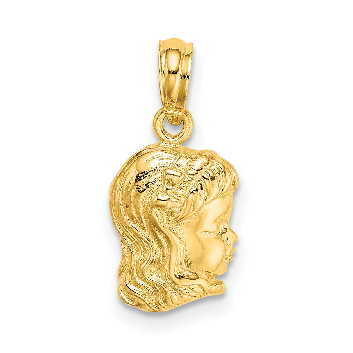 10k Yellow Gold Girl Pendant, Side Profile Charm with Bow, Sentimental Family Keepsake Jewelry