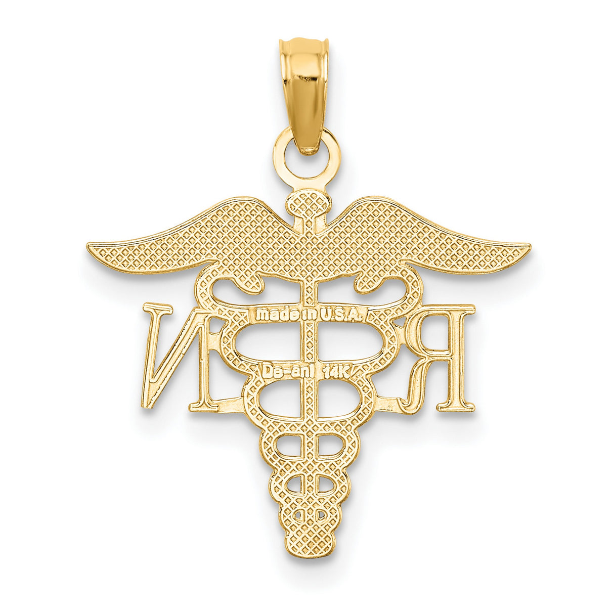 10k Yellow Gold RN Pendant with Caduceus Symbol, Medical Charm for Nurses
