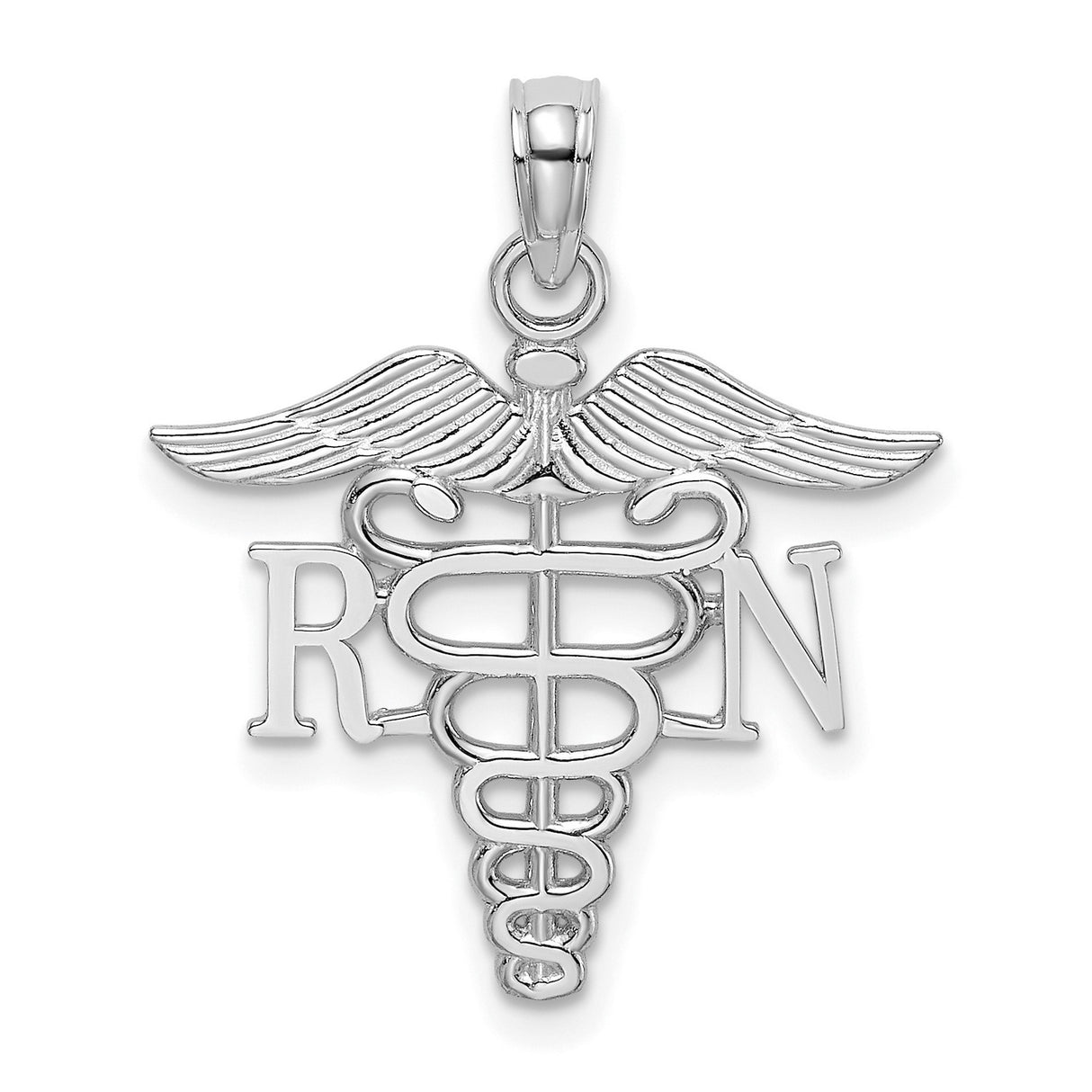 10k White Gold RN Pendant with Caduceus Symbol, Intertwined Serpents and Wings