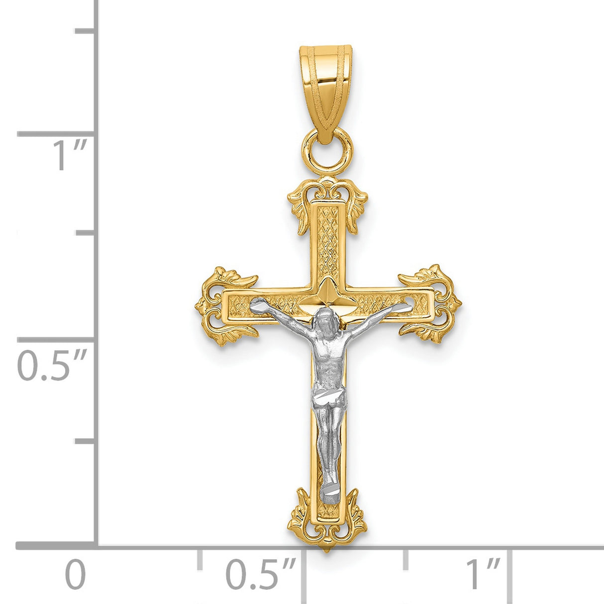 10k Two-Tone Gold Crucifix Pendant with Diamond-Cut Jesus, Baroque Religious Design
