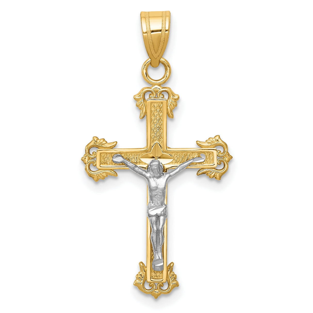 10k Two-Tone Gold Crucifix Pendant with Diamond-Cut Jesus, Baroque Religious Design