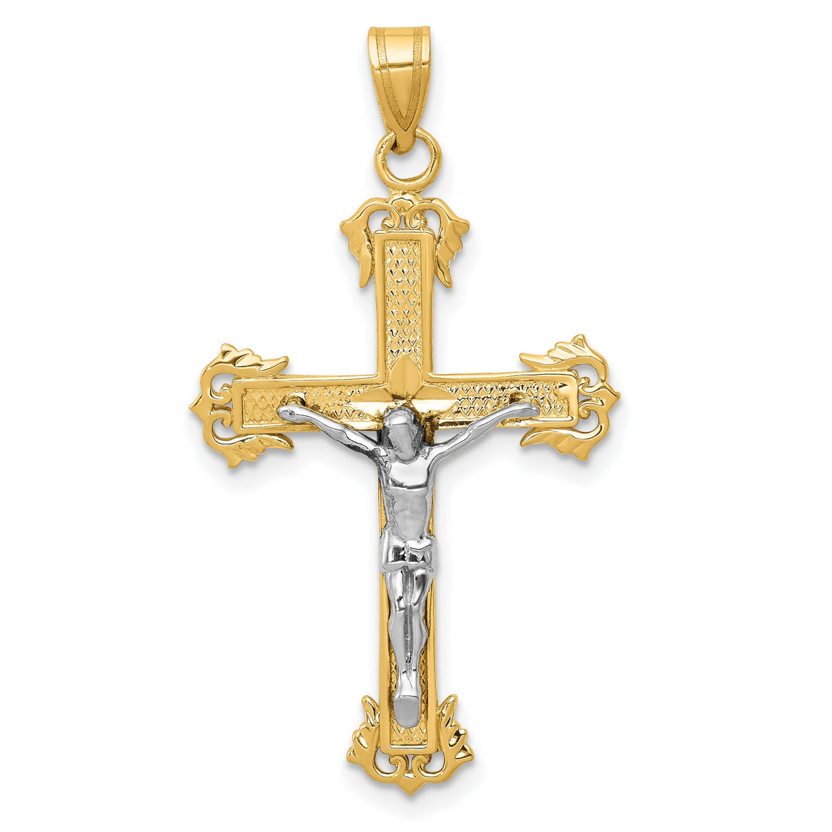 10k Multi-Tone Gold Crucifix Cross Pendant with Detailed Christ Figure Design for Men and Women