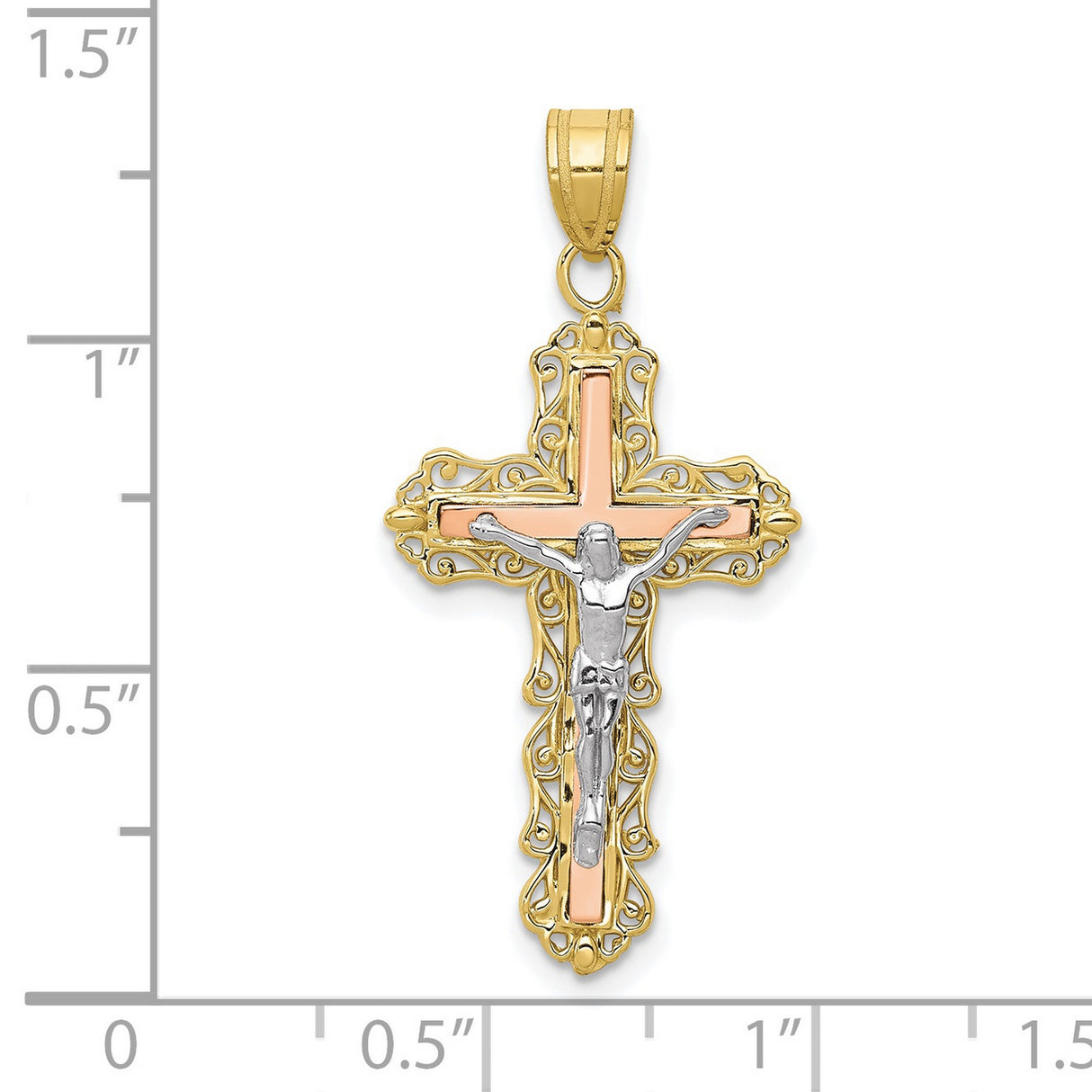 10k Tri-Color Gold Crucifix Cross Pendant with Jesus Figure and Filigree Design