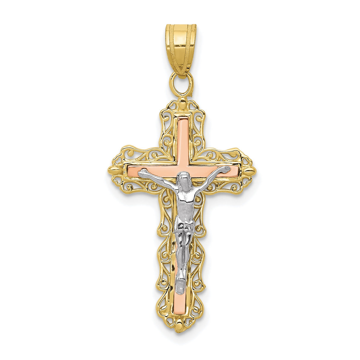 10k Tri-Color Gold Crucifix Cross Pendant with Jesus Figure and Filigree Design