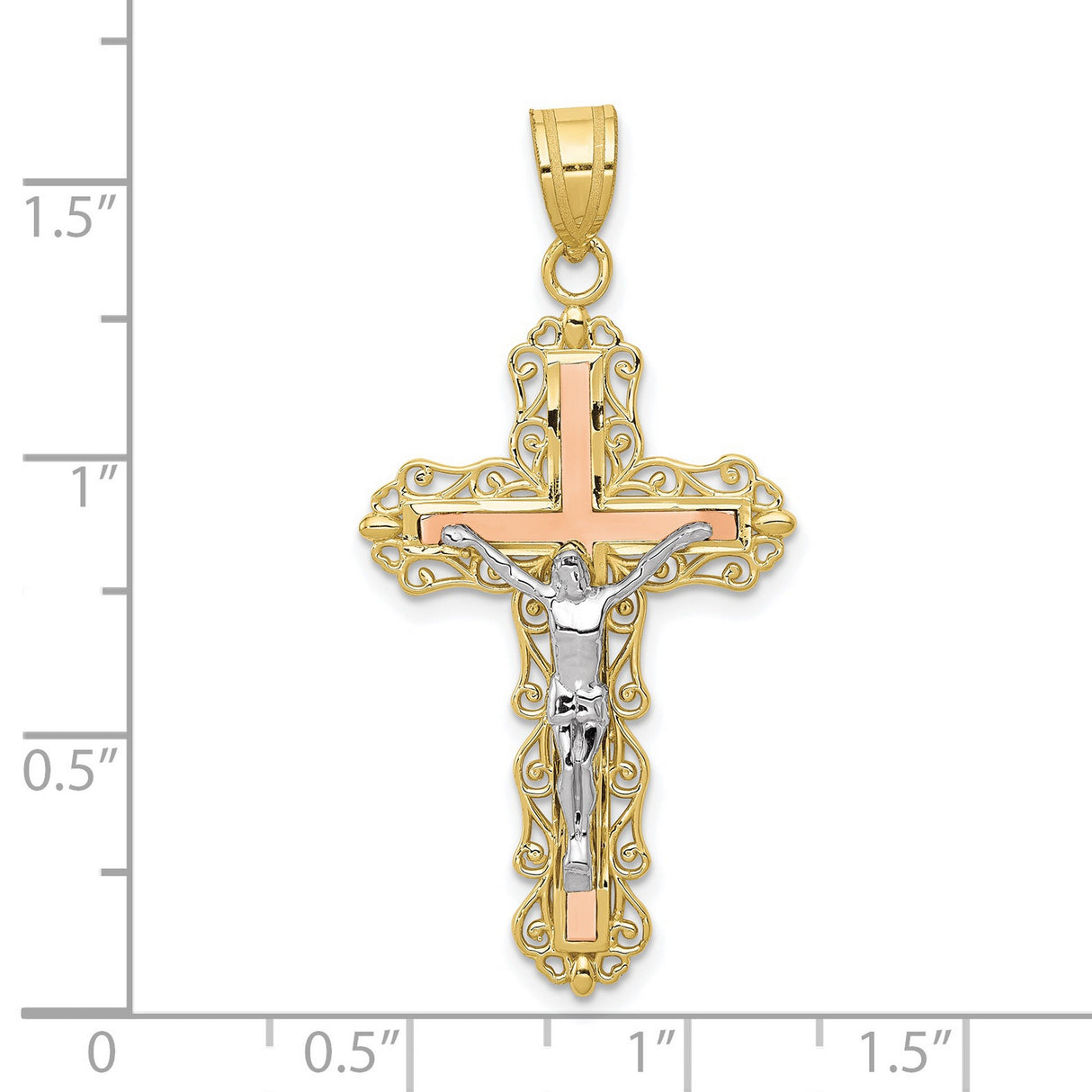 10k Multi-Tone Gold Crucifix Cross Pendant, Diamond Cut Filigree Design, Catholic Religious Charm