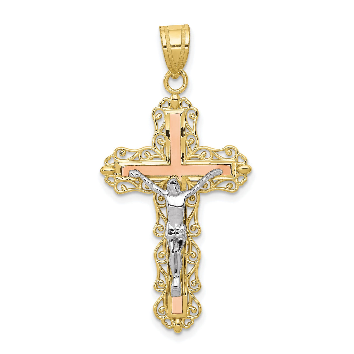 10k Multi-Tone Gold Crucifix Cross Pendant, Diamond Cut Filigree Design, Catholic Religious Charm