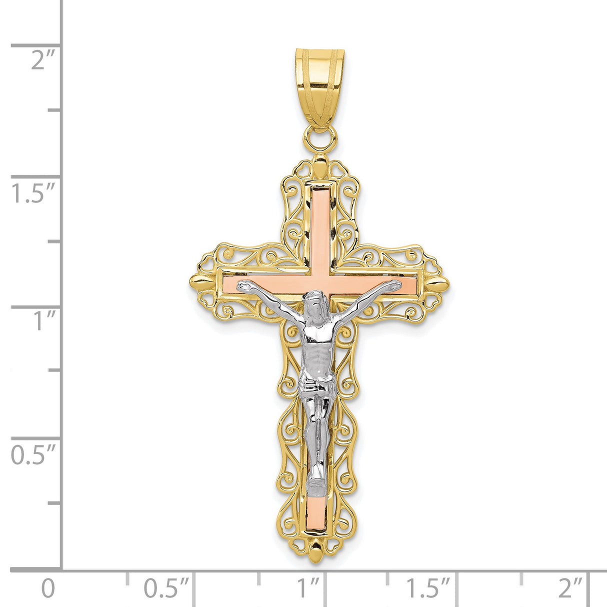 10k Multi-Tone Gold Crucifix Cross Pendant with Diamond Cut Jesus Figure, Religious Catholic Jewelry