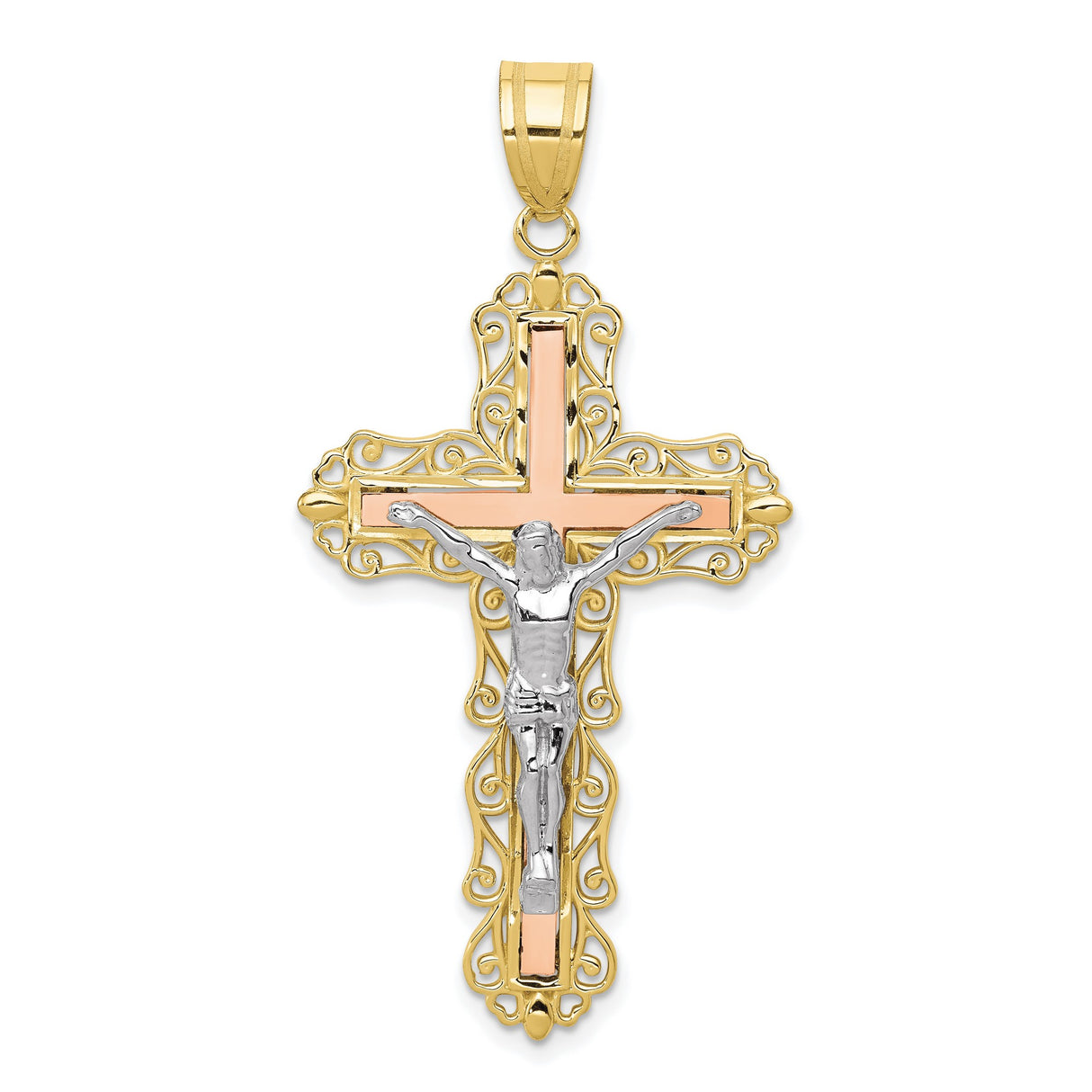 10k Multi-Tone Gold Crucifix Cross Pendant with Diamond Cut Jesus Figure, Religious Catholic Jewelry